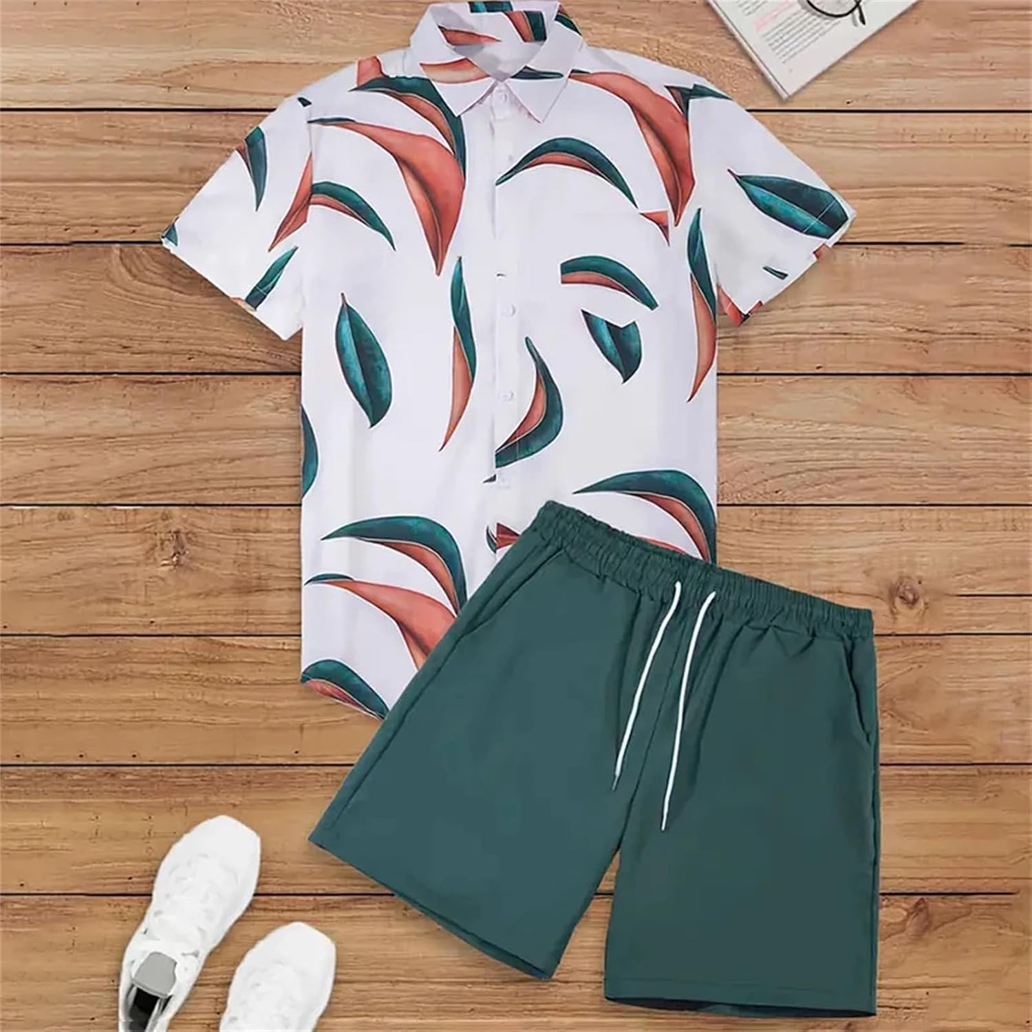 Men's Party Beach Set, Fun Print Short Sleeve & Outdoor Shorts