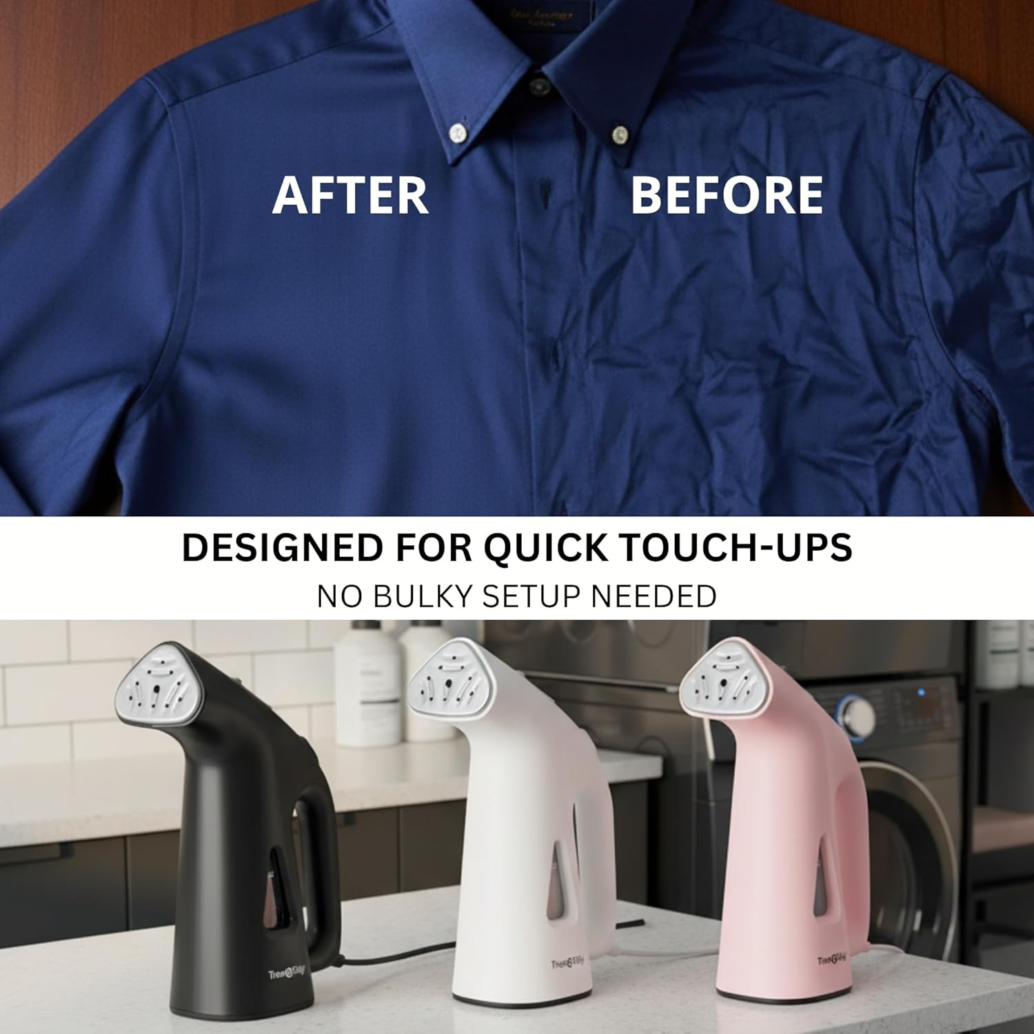 True & Tidy Compact Handheld Garment Steamer for Clothes, Travel Steamer with Stainless Steel Nozzle, 800 watts, White