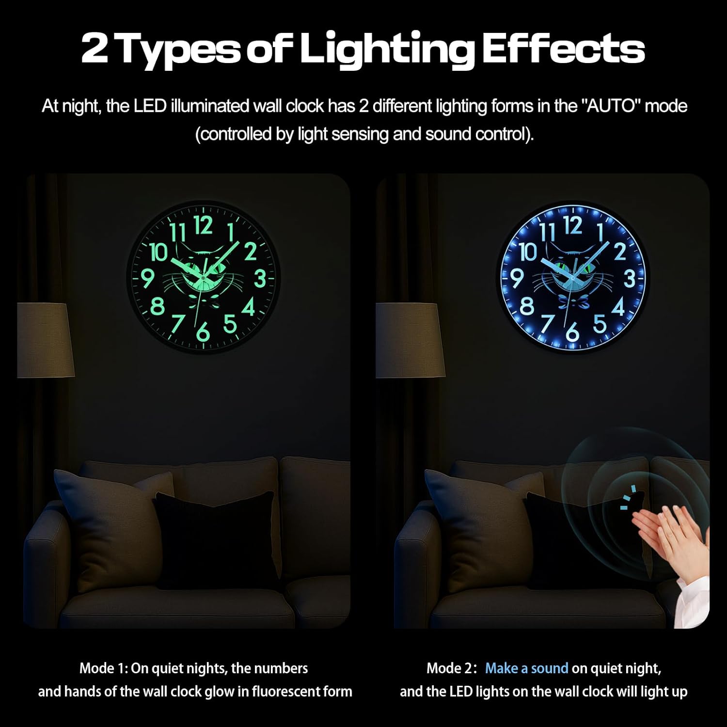 JoFomp 12 Inch Silent Illuminated Wall Clocks Battery Operated, Cat Wall Clock for Bedroom Night Glow, Glow in The Dark Wall Clocks for Living Room Decor, Sound Control Light Up Wall Clock for Kitchen