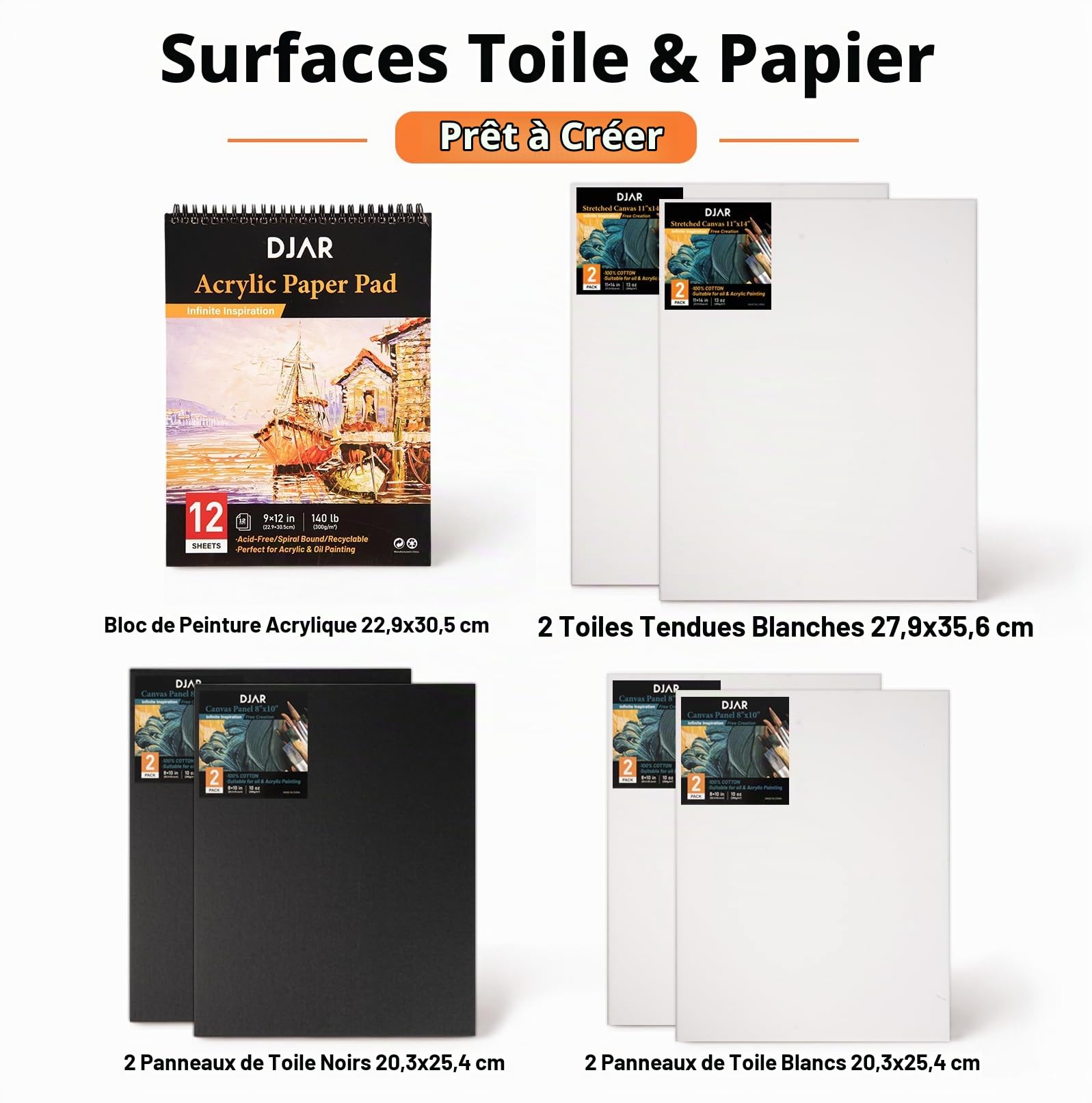 DJAR Ensemble de 49 pièces de peinture acrylique avec chevalet de table, kits de peinture avec 24 peintures acryliques de couleur, toile tendue de 27,9 x 35,6 cm, fournitures de peinture d'art pour