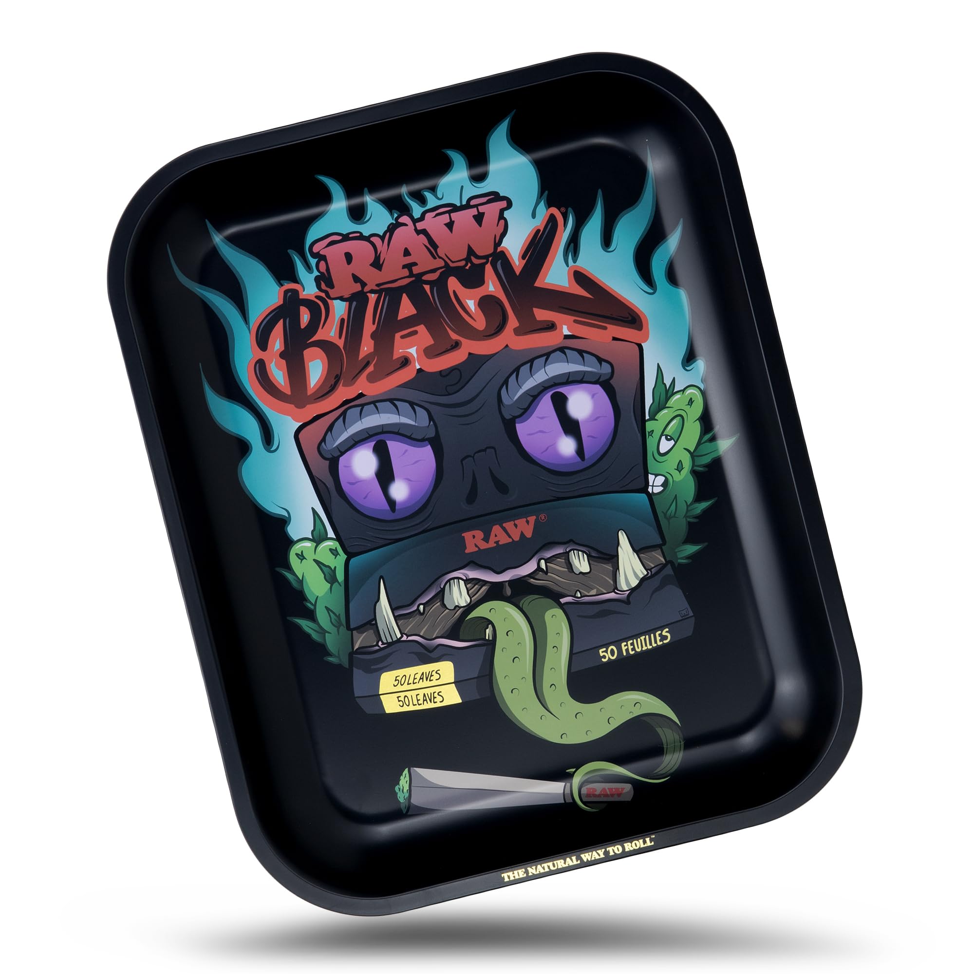 RAW Black Rolling Tray - Limited Edition Monster Design for Pre-Rolled Cones, Wrap Papers, and Accessories - Large - 14 x 11 inches