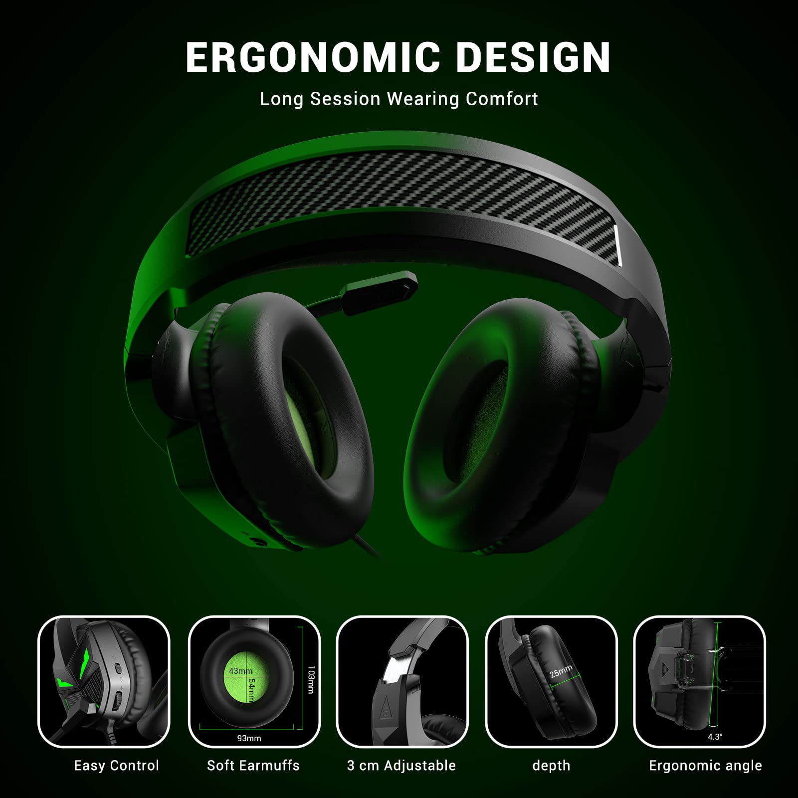 EKSA Cuffie Gaming con Microfono per PS4 PC Xbox one PS5 Switch Laptop, Cuffie da Gaming con Filo Microfono a Cancellazione di Rumore, Jack Audio da 3,5 mm, Driver Stereo da 50 mm, Luce a Led, Nero