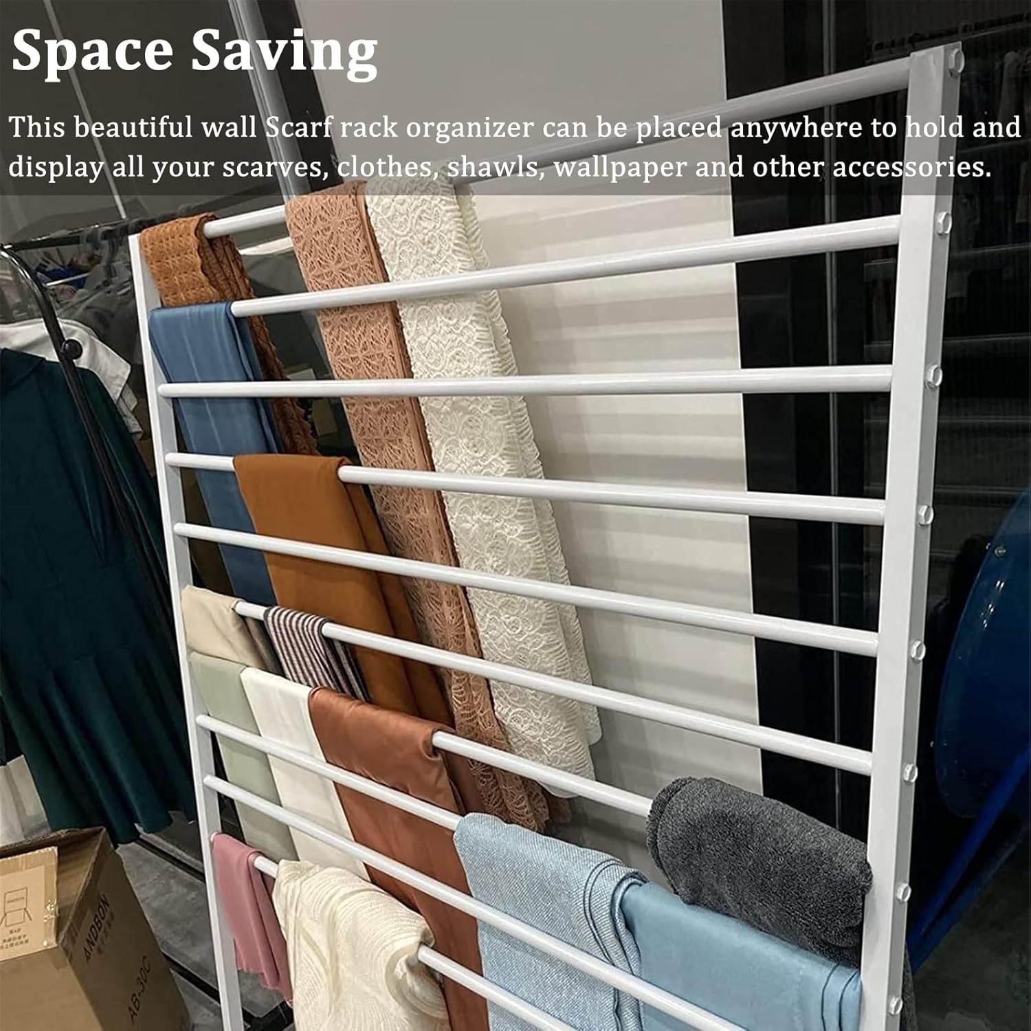 White Scarf Hanger Organizer,10-Tier Heavy Duty Metal Organizer for Gift Wrapping Paper/Ribbon/Jeans,Space-Saving(OneColor 60x40x145cm/23.6x15.7x57.1in)