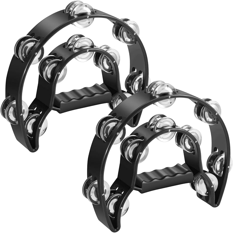 Tambourine Metal Half Moon Musical Instruments Double Row Metal Jingles Hand Held Instruments Percussion with Ergonomic Handle Grip, Tambourines for Adults, 2 Packs - Black