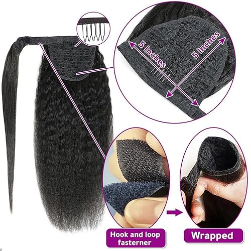 Miniatura 9 de Extensión de cabello humano con cordón de 20 pulgadas, color negro natural para mujer, extensiones de cola de caballo con clip, extensiones de cola