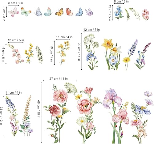 Miniatura 4 de decalmile Pegatinas de pared de flores de jardín de primavera, flores silvestres, iris, mariposas, calcomanías de pared, sala de estar, dormitorio
