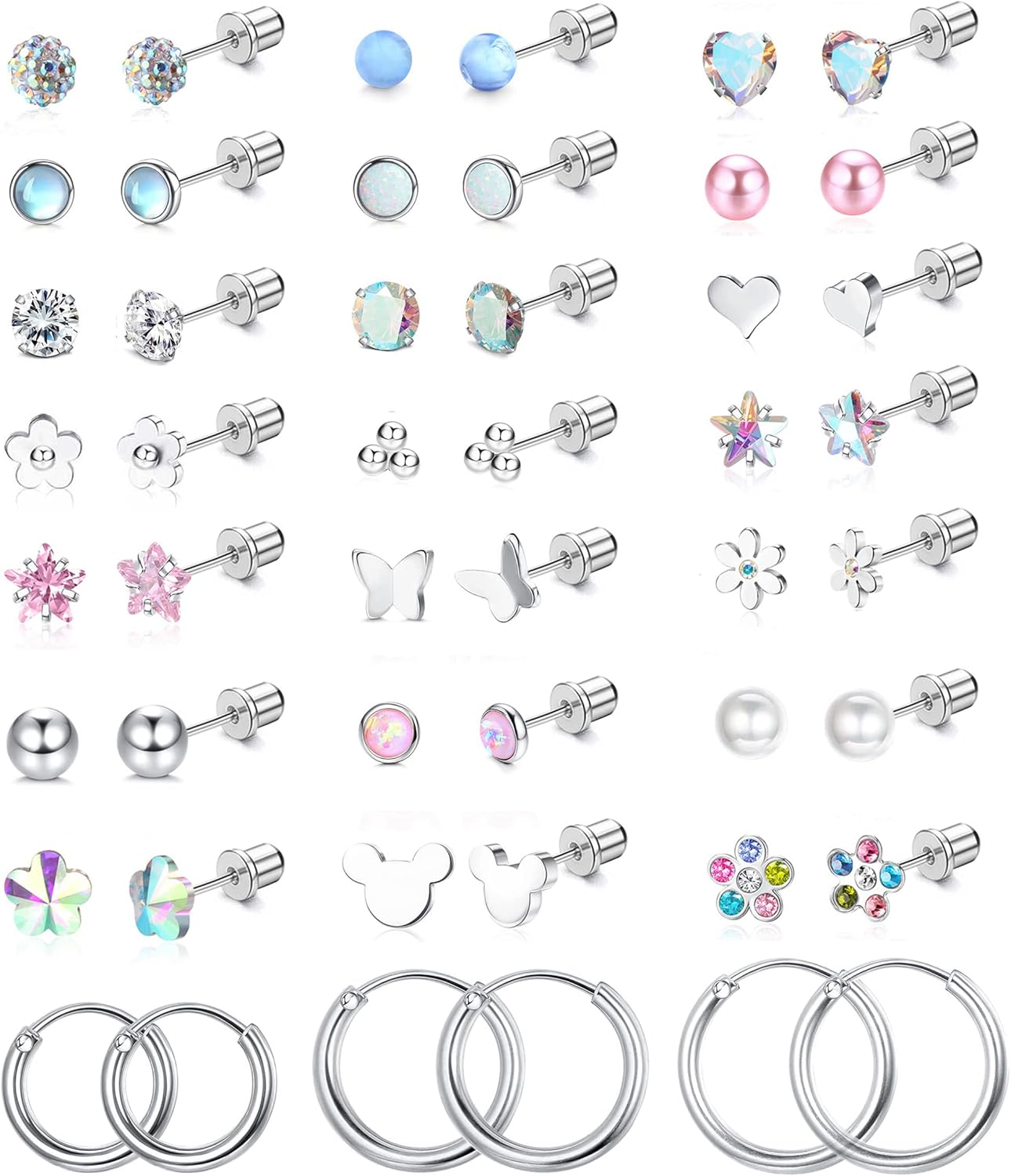 Jstyle 24 Pairs Hypoallergenic Screw Back Earrings for Girls Women Surgical Steel Tiny Heart Flower Flat Back Stud Earrings Cute Hoop Earrings Jewelry Set