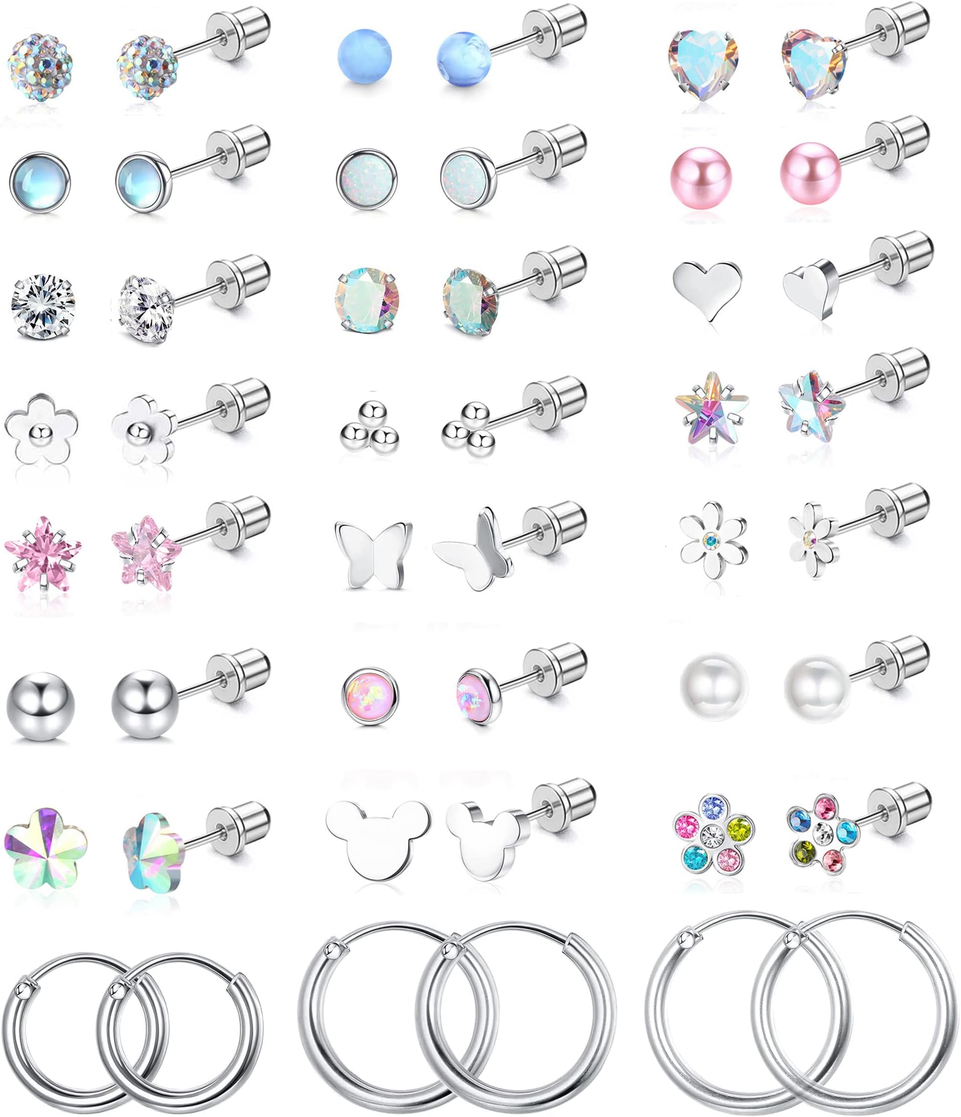 24 Pairs Hypoallergenic Screw Back Earrings for Girls Women Surgical Steel Tiny Heart Flower Flat Back Stud Earrings Cute Hoop Earrings Jewelry Set