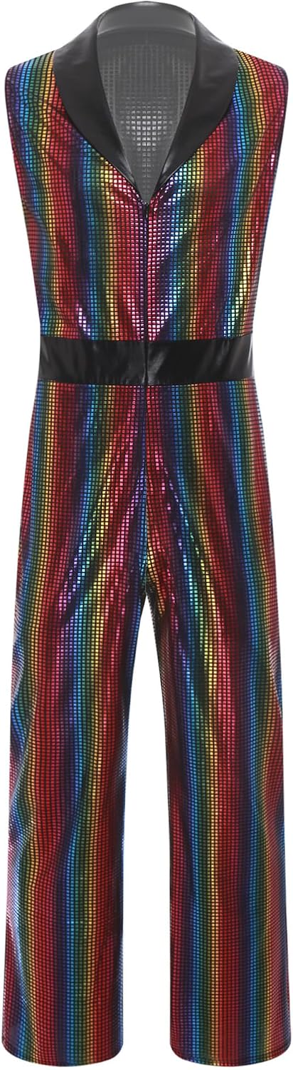 TiaoBug Mens Retro Disco Jumpsuit Lapel V Neck Sleeveless Wide Leg Bodysuit Metallic Shiny Plaid Romper Rainbow 3X-Large