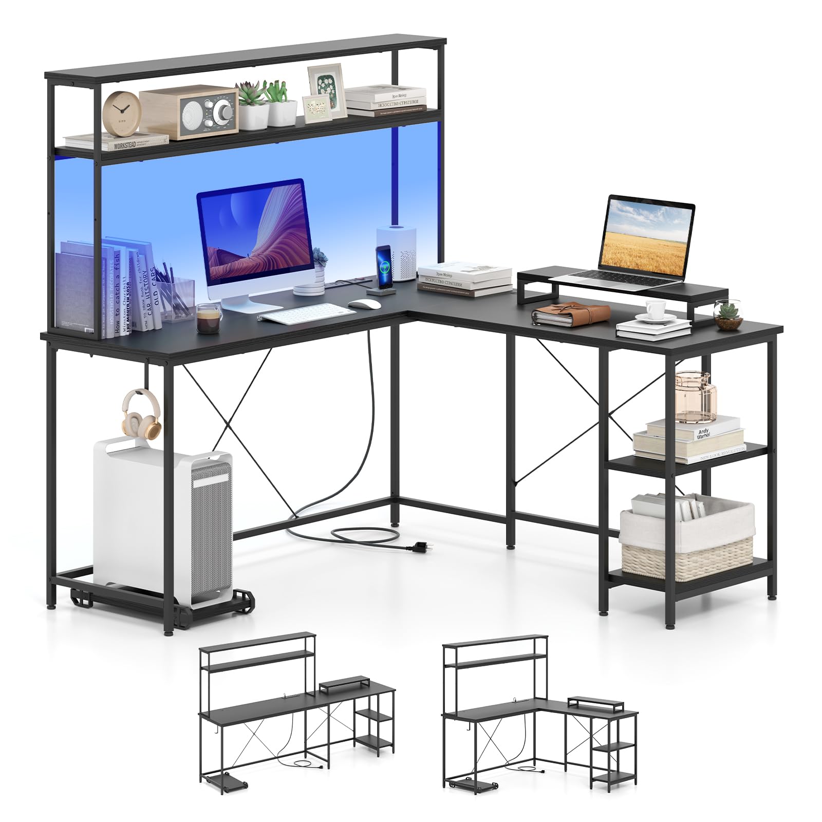 COSTWAY Escritorio Gaming en L con Luces y Enchufe, 145 x 145cm, Escritorio Esquinero Reversible con Estanterias, Soporte para Monitor, Mesa en L Grande para 2 Personas (Negro)