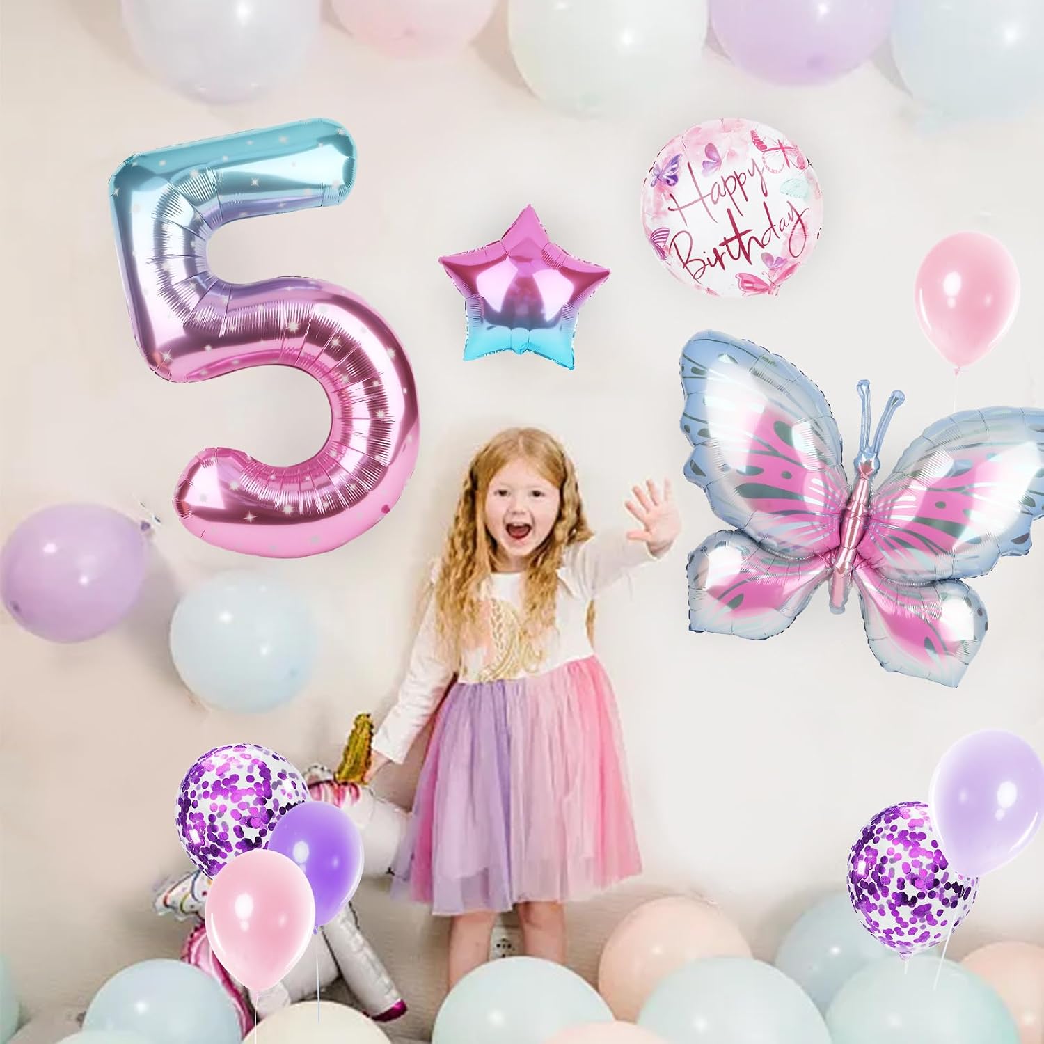 Butterfly Balloons 5th Birthday Decorations for Girls, Gradient Pink Colorful Foil Balloons, Giant Number 5 Mylar Balloon, 5 Years Old Theme Party Supplies Decor image 5