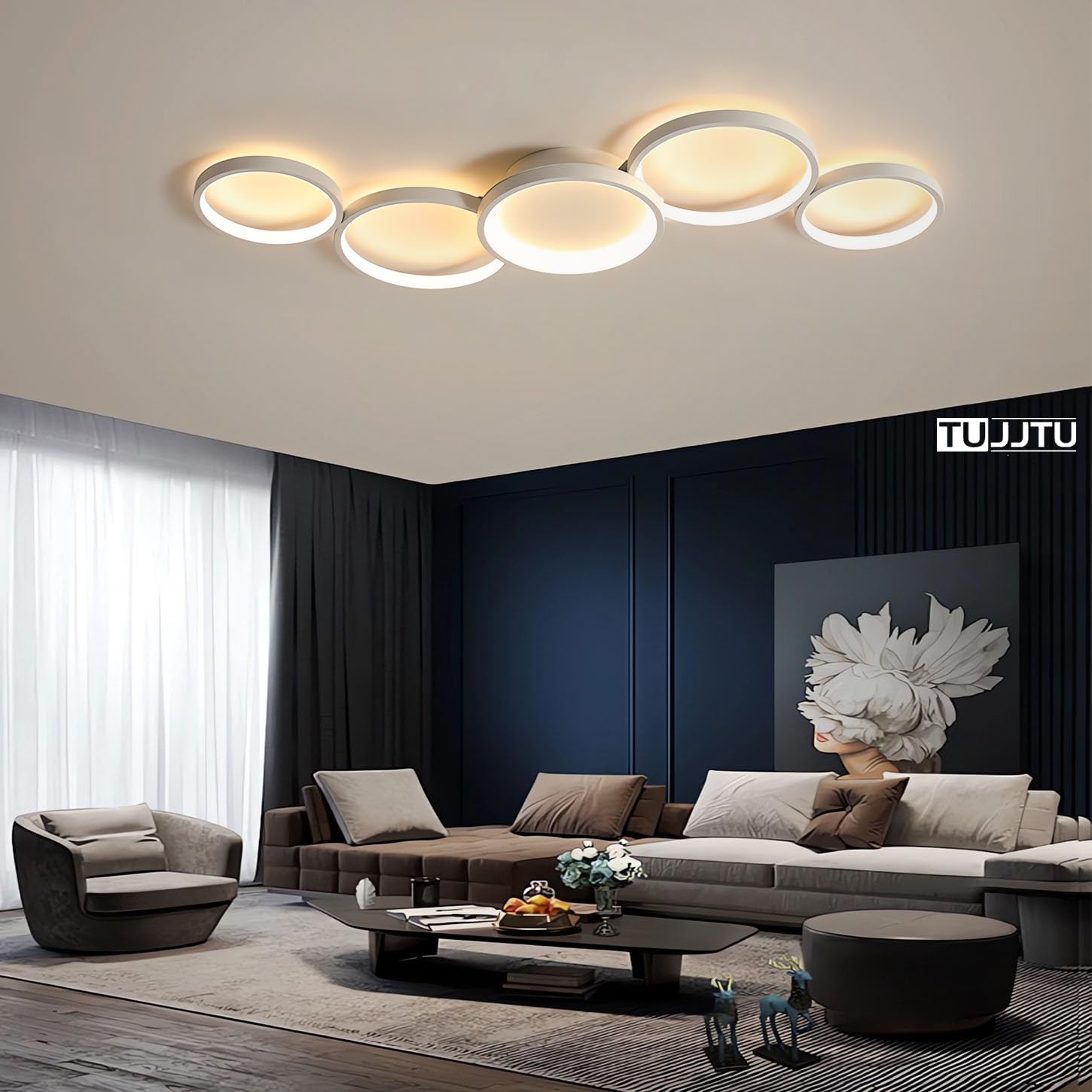 Lampa sufitowa LED Nowoczesna lampa do salonu Ściemnialne oświetlenie sufitowe Kreatywna okrągła lampa sufitowa z pilotem Aluminiowe oświetlenie do sypialni Biuro Pokój dziecięcy (Biały)