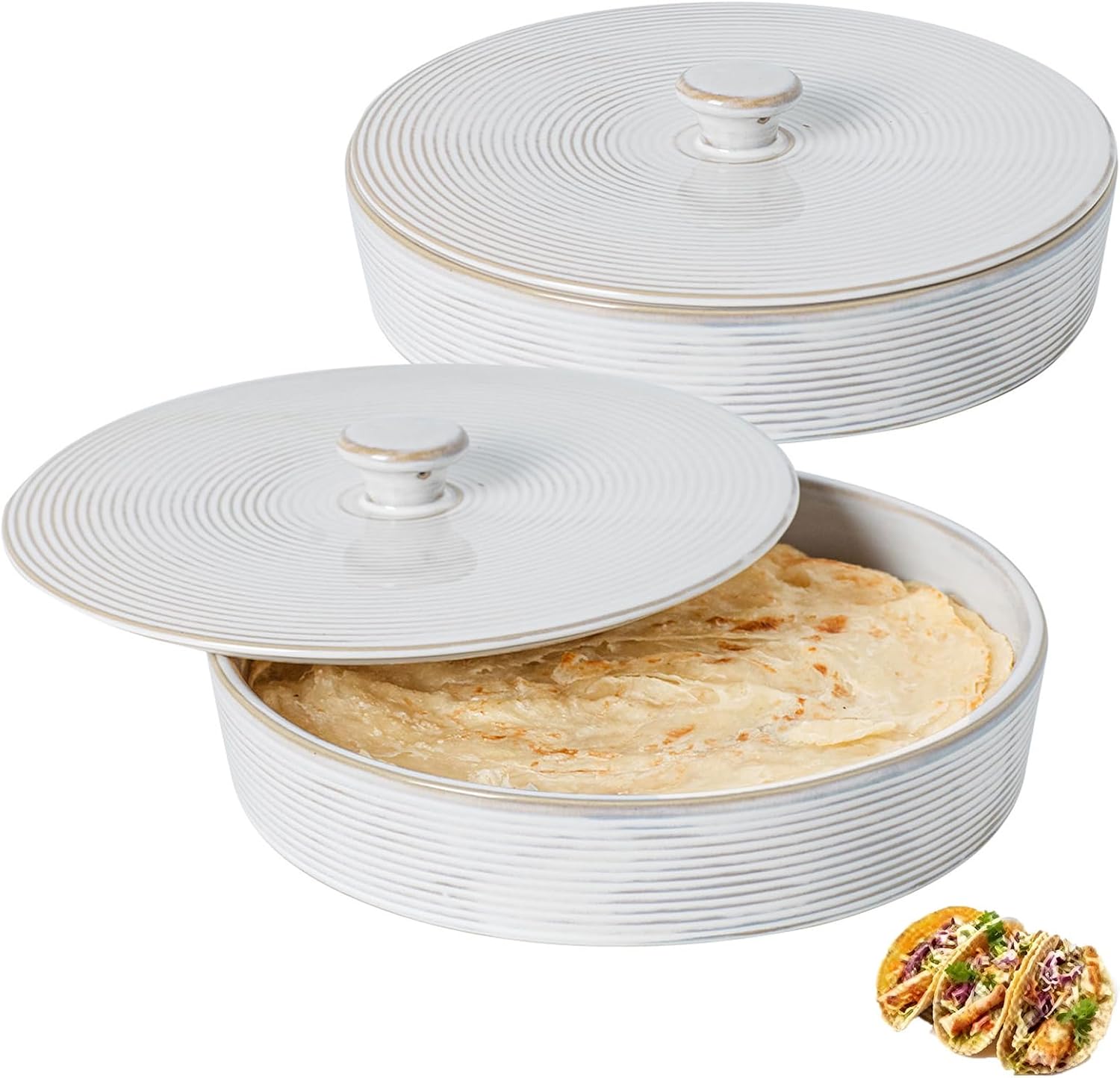 2 Pcs Tortilla Warmer, 9 inch Ceramic Tortilla Holder with Lids, Embossed Taco Holder Oven Microwave Safe, White Pancakes Warmer for Taco, Bread, Pancakes, Waffles, Keep Tortillas Warm