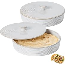2 Pcs Tortilla Warmer, 9 inch Ceramic Tortilla Holder with Lids, Embossed Taco Holder Oven Microwave Safe, White Pancakes Warmer for Taco, Bread, Pancakes, Waffles, Keep Tortillas Warm