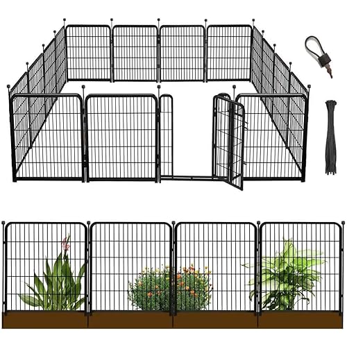 56in(H) Garden Fence, 10 Panels Total 22.1 Ft(L), Garden Fence with Low Threshold Gate, Anti Dig Fence Barrier, Fencing for Garden Beds, Black Metal Decorative Garden Fencing