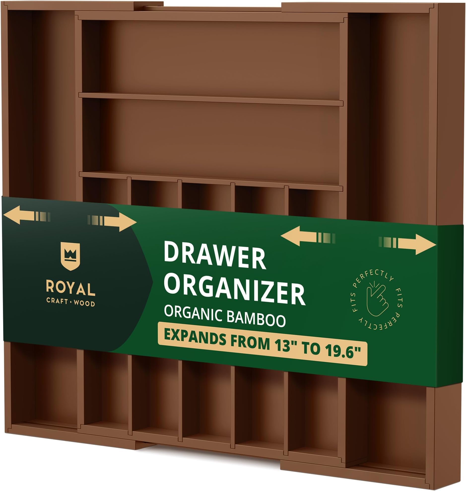 ROYAL CRAFT WOOD Luxury Bamboo Kitchen Drawer Organizer - Silverware Organizer - Utensil Holder and Cutlery Tray with Grooved Drawer Dividers for Flatware and Kitchen Utensils (9 Slot, Brown)