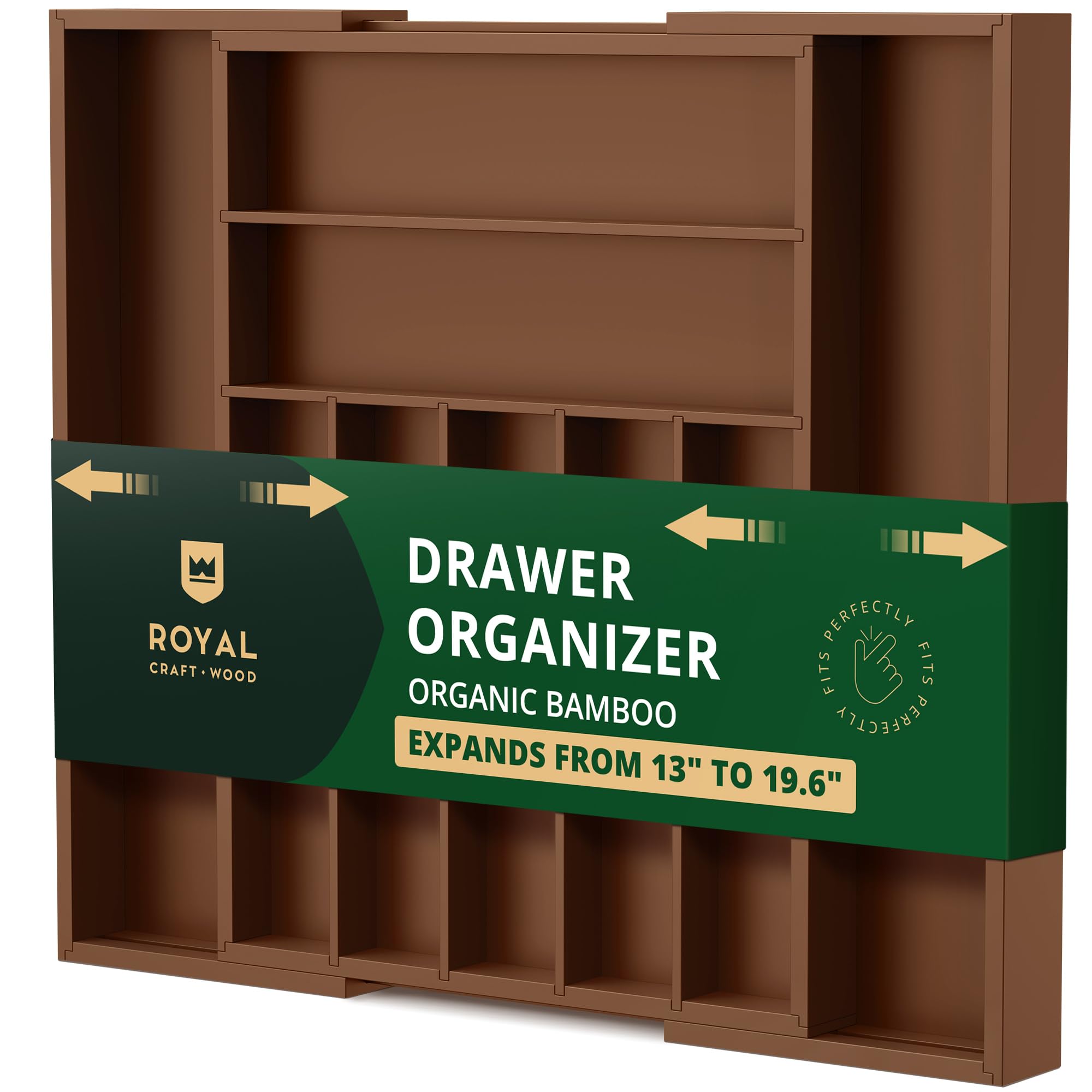 ROYAL CRAFT WOOD Luxury Bamboo Kitchen Drawer Organizer - Silverware Organizer - Utensil Holder and Cutlery Tray with Grooved Drawer Dividers for Flatware and Kitchen Utensils (9 Slot, Brown)