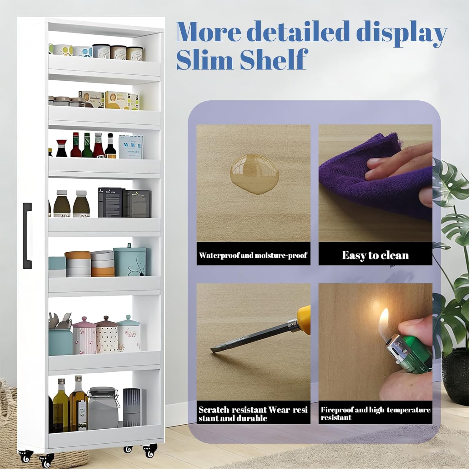 7Tier Wooden Spice Rack on Wheels Slim Rolling Storage Cabinet with Wheels Wood Spice Rack Next to Fridge Wooden Narrow Buffet Server Shelf,Light Walnut,W8× D22×H72