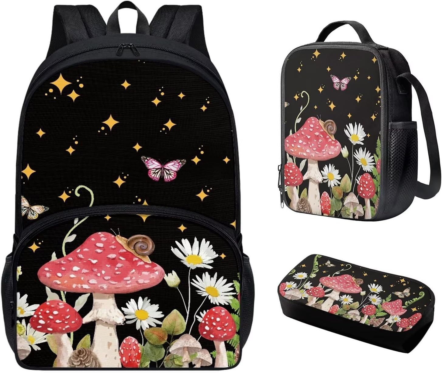 HUIACONG Mushromm Daisy Bookbags Set Snail Butterfly Star Boys Back Packs,3 Pieces Set Lightweight Backpack with Lunch Bag, Pencil Bag for Outdoor Travel Laptop Daypack for Teen Kids