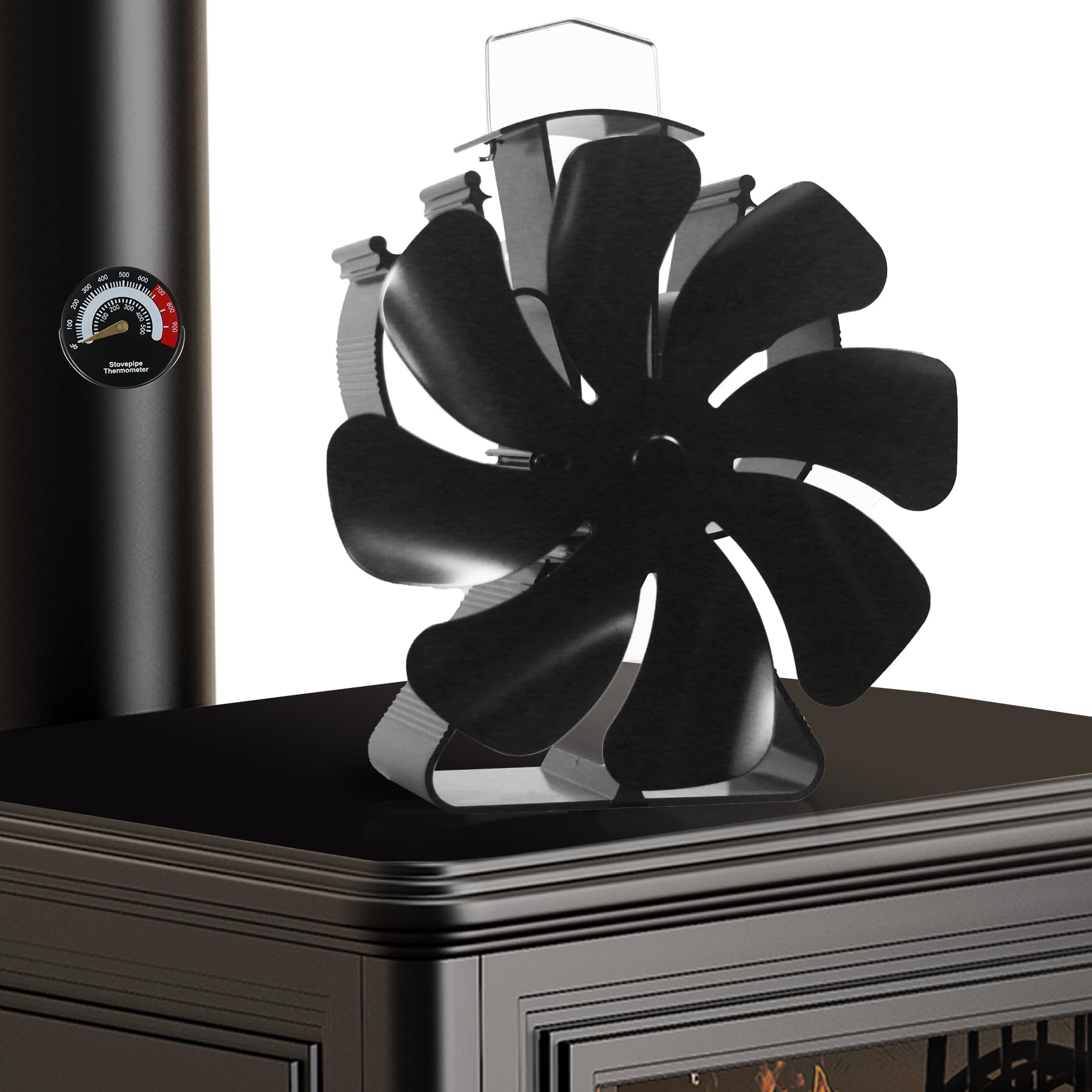 Ventilateur Poêle à Bois, 8 Pales Avec Thermomètre Silencieux - Ventilateur Cheminée Alimenté par la Chaleur - Pour Poêle à Bois/Cheminée/Gaz/Bûches