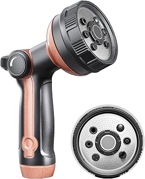 Garden Hose Nozzle with 8 Spray Patterns & Thumb Control | Metal Heavy Duty Full Shower Water Spray Nozzle for Lawn & Plant Watering, Car & Pet Showering, Black