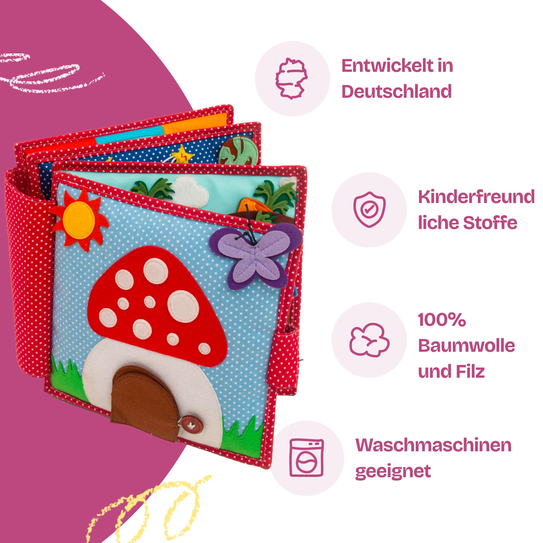 Jolly Designs – Du Glückspilz - 6 Seiten Quiet Book – Montessori Spielzeug ab 2 Jahren – Motorik & Sensorik fördern – Handgefertigtes Filzbuch – Lernspielzeug für Kleinkinder – Busy Book für unterwegs