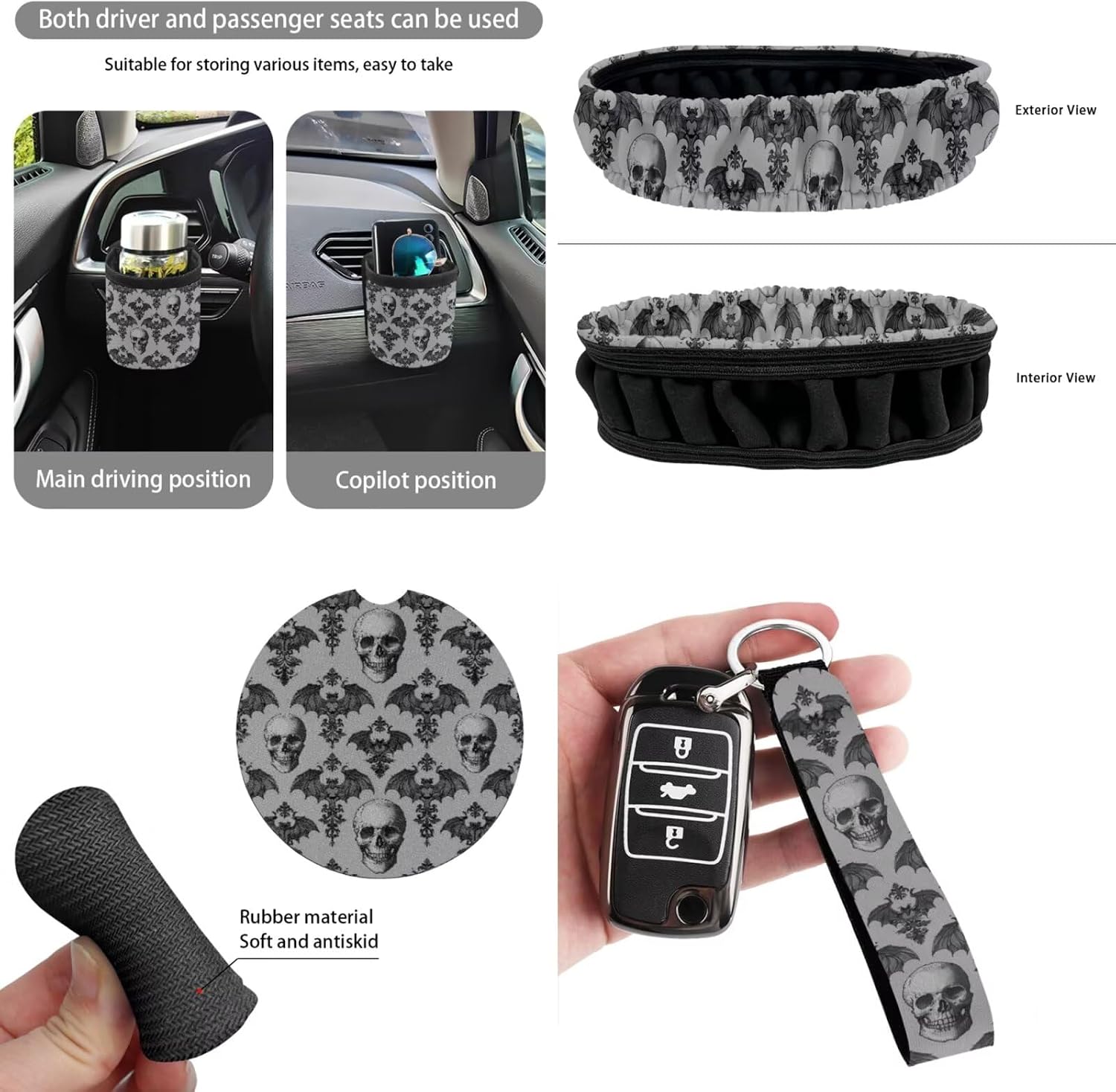Dreaweet Goth Skull Car Seat Covers Full Set Grey Halloween Car Accessories Seat Covers with Steering Wheel Cover Seat Belt Pads Trash Bin Rear View Mirror Cover Coasters Keychain Air Vent Pouch