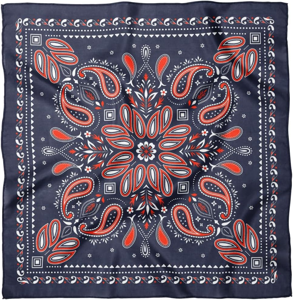 Square Bandana Scarf Ethnic Print 27x27 in Satin Polyester Head Neck Hair Accessory for Women Girls Navy Blue - Lacivert Kırmızı
