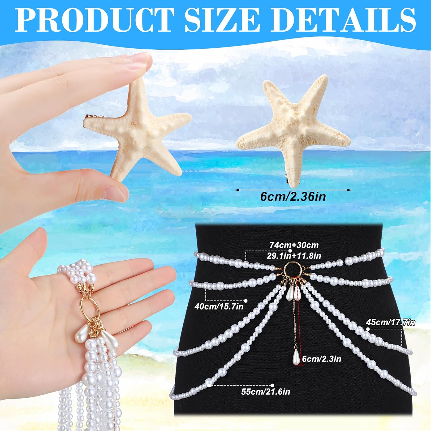 3 Pcs Pearl Multi Layered Waist Chain with Starfish Hair Clip Mermaid Costume Accessories for Women Cosplay - Image 2