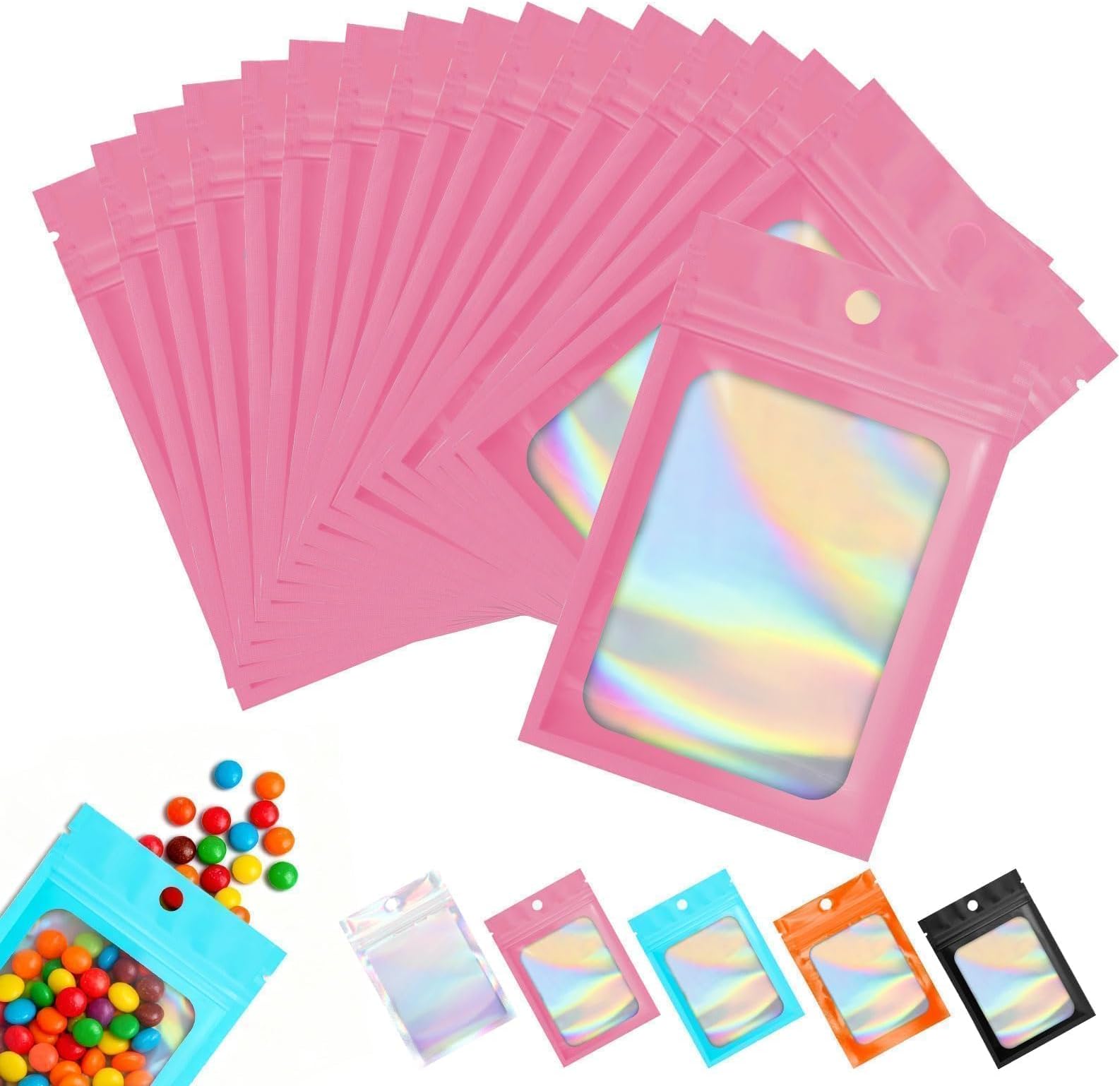 130 Pcs Mylar Bags 2.8×3.9 Inch Holographic Bags Resealable Sealable — Small Ziplock Bags for Food Candy Jewelry Party Gifts Pink