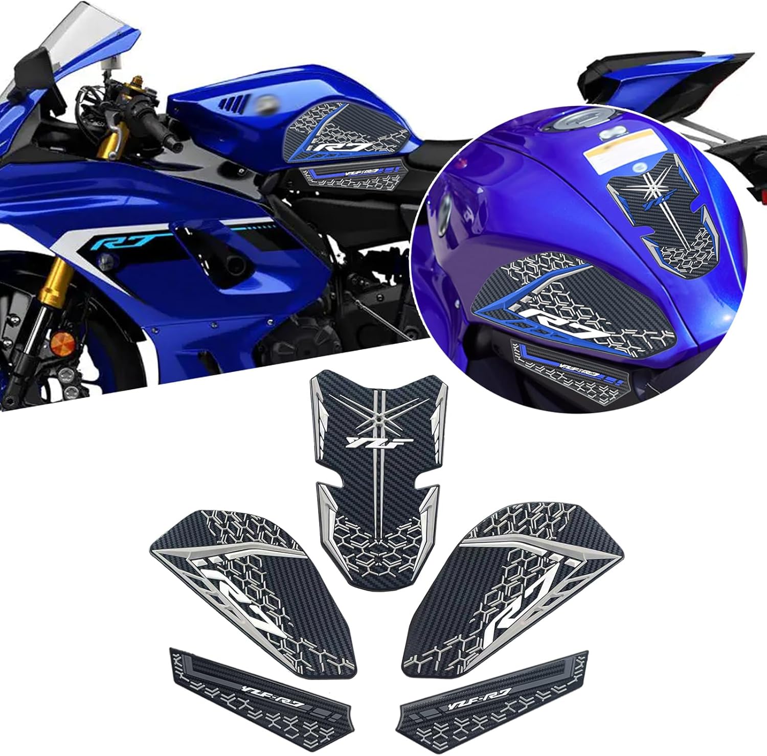 For YZF-R7 R7 2025 Non-slip carbon fiber textured bottom tank sticker 3D embossed rubber tank pad knee pad YZF-r7 r7 2021-2025 motorcycle accessories (grey)