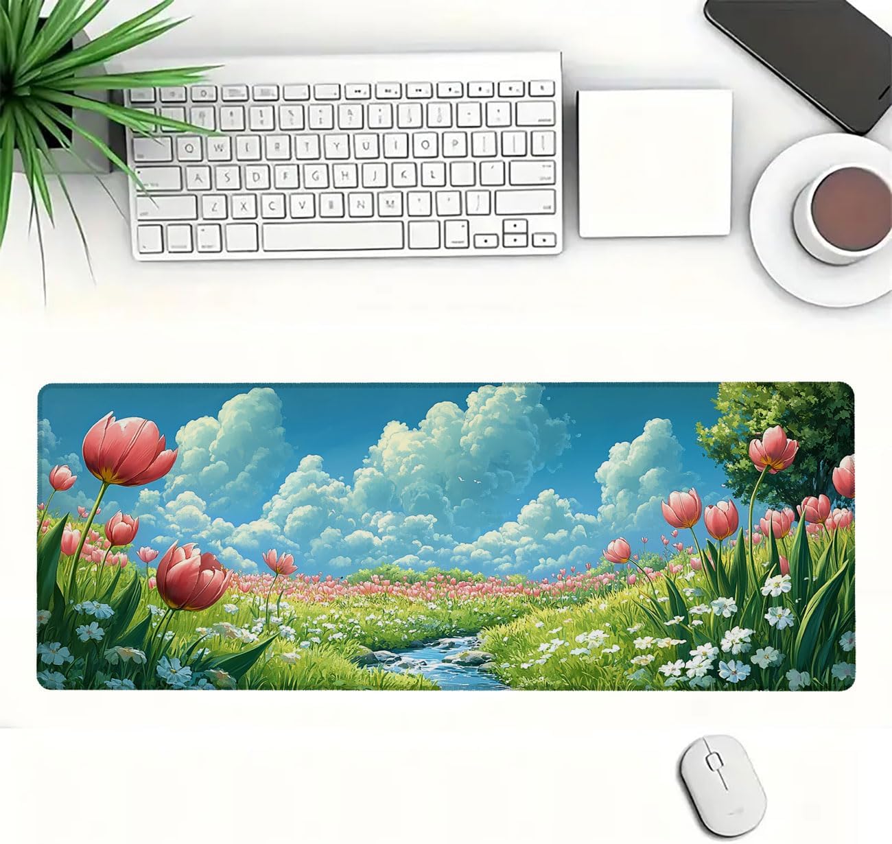 Cute Anime Floral Desk Mat Gaming Desk Pad Large Mouse Keyboard Pad Sage Green Kawaii Desktop Mats Computer Keyboard Pad Mouse Mat Laptop Mat Office Home Decor 31.5" x 11.8" image 2