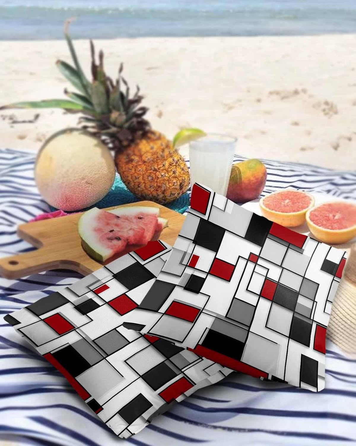 Outdoor Waterproof Pillow Covers for Patio Furniture Abstract Geometric Gray Red Throw Pillow Covers Black Modern Art Pillowcases Set of 2 Cushion Case for Sofa Couch Chair Home Decor 26x26 inch