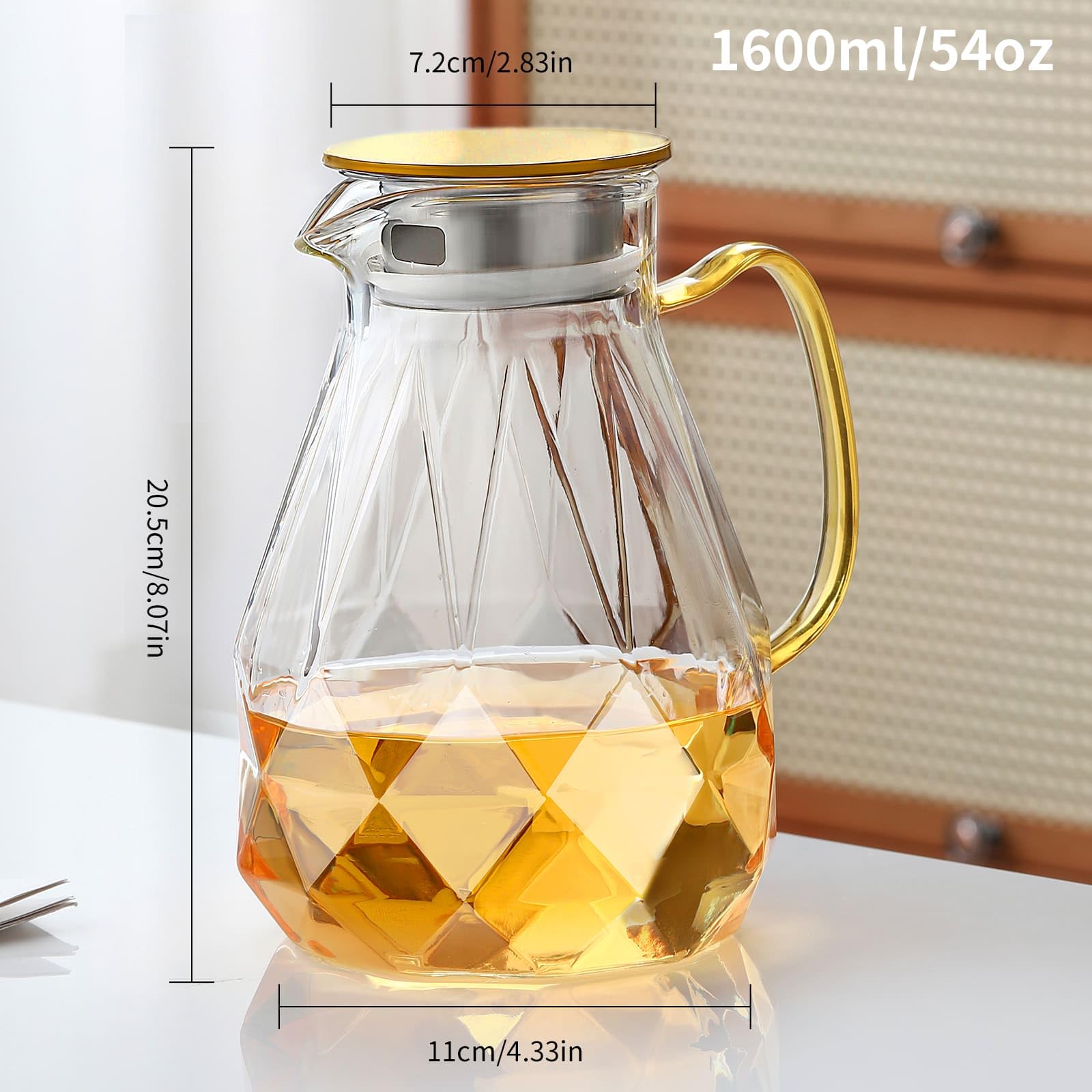 MESNEY Jarra de Agua Cristal con Filtro 1600ml con Tapa, Vidrio de Borosilicato Resistente al Calor, Jarra de Agua Cristal para Té o Zumo Frío y Caliente para Cocina o Nevera