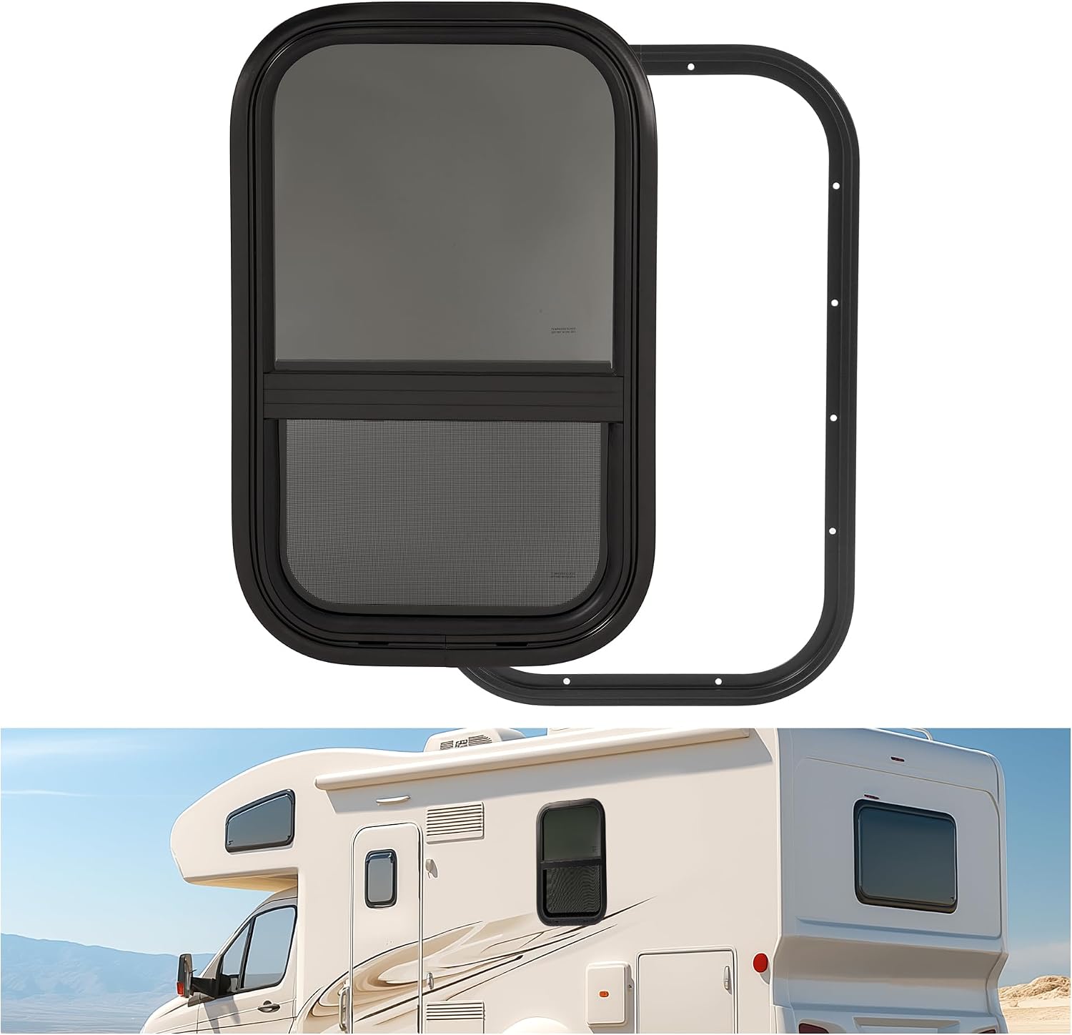 Wutist RV Window 14" W x 22" H w/Trim Ring & Mesh Screen Vertical Slide Camper Teardrop Side Replacement Window Tented Tempered Glass Aluminium Plastic