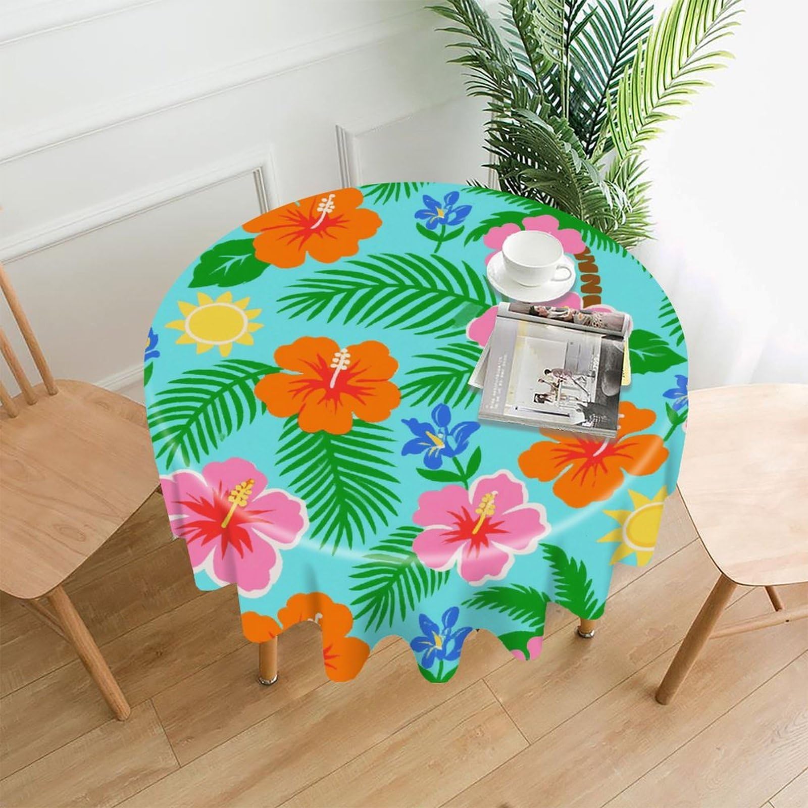 FekiLoot Tropical Flower Print Round Tablecloth Cover 60 Inch Wrinkle Free Washable Polyester Fabric Table Cover Decorative Round Table Cloth for Home Dining Kitchen Party Farmhouse