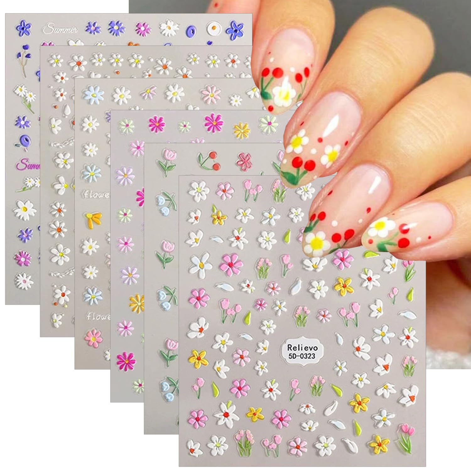 6 Sheets Daisy Nail Art Stickers Flower Nail Stickers 5D Relief Pink White Floral Nails Decals Self-Adhesive Design Flowers Sticker Acrylic Nail Art