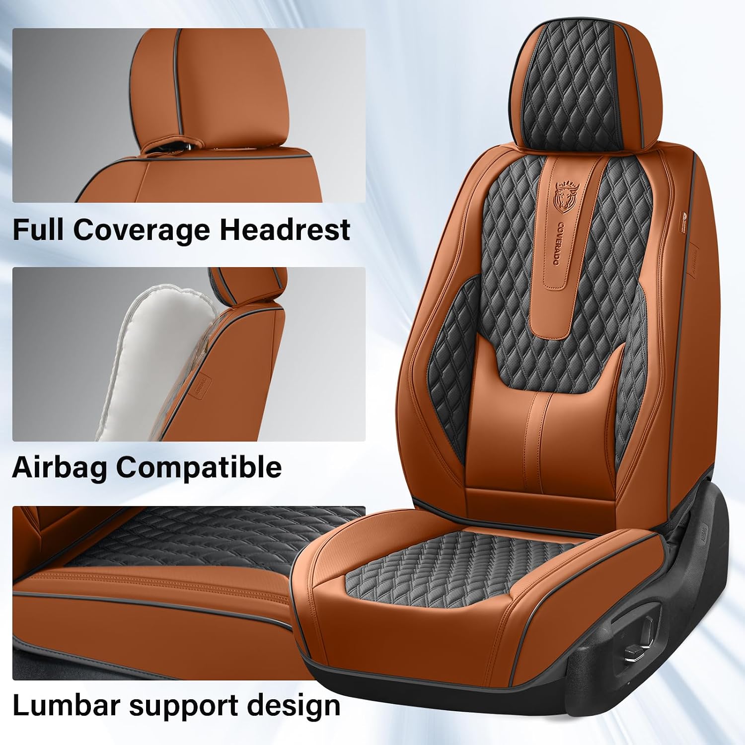  Front Seat Covers, Car Seat Covers Front Seats, Nappa Leather Seat Covers for Cars, Waterproof Seat Covers with Lumbar Support Universal Fit for Most Cars SUV Trucks (Front, Brown-Black) thumbnail