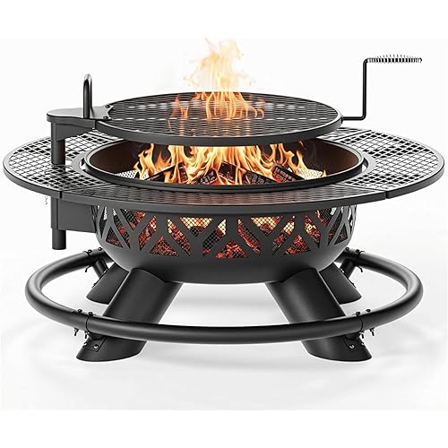 47 Inch Heavy Duty Steel Fire Pit with Grill, Large Outdoor Fire Pits for Outside Wood Burning, BBQ