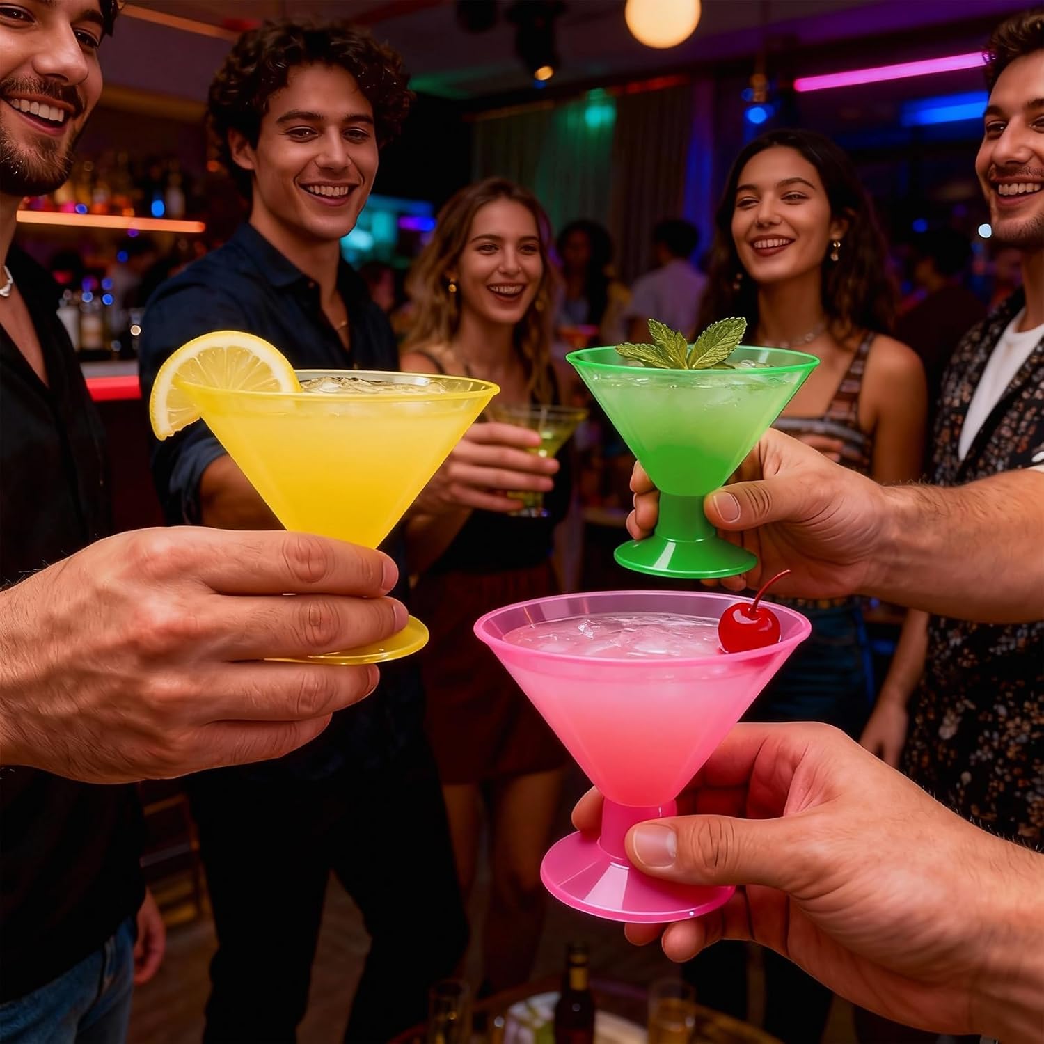 Neon Glow Party Supplies Glow in the Dark Disposable Plastic Martini Glasses - 54 Pack 5oz BPA-Free Cups with Removable Base, Reusable Plastic Martini Glasses for Party, Wedding, Halloween