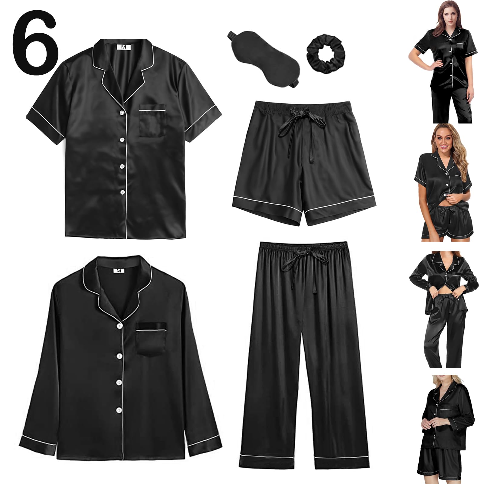 Y Wjing Yi Jia Women's Black 6Pcs Silk Satin Pyjama Sets Pyjamas Set Pjs Set Button Down Pj Sets Sleepwear Loungewear