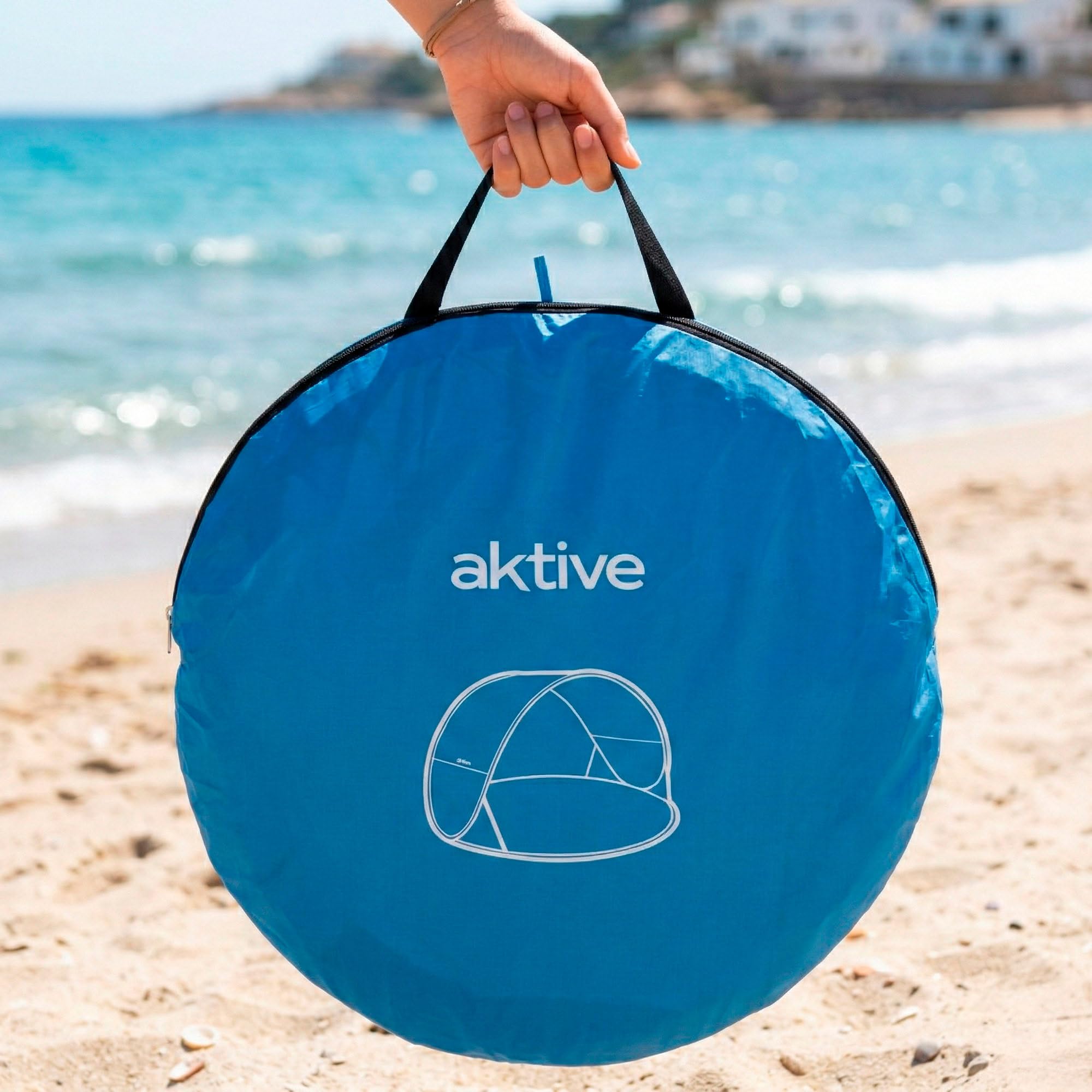 AKTIVE Tienda Playa Pop up, Azul, 148x148x90 cm, Revestimiento Plateado, Protección UV50, Incluye 4 piquetas, Poliéster, Paravientos Plegable, Bolsa Transporte, Refugio Pesca (62529)