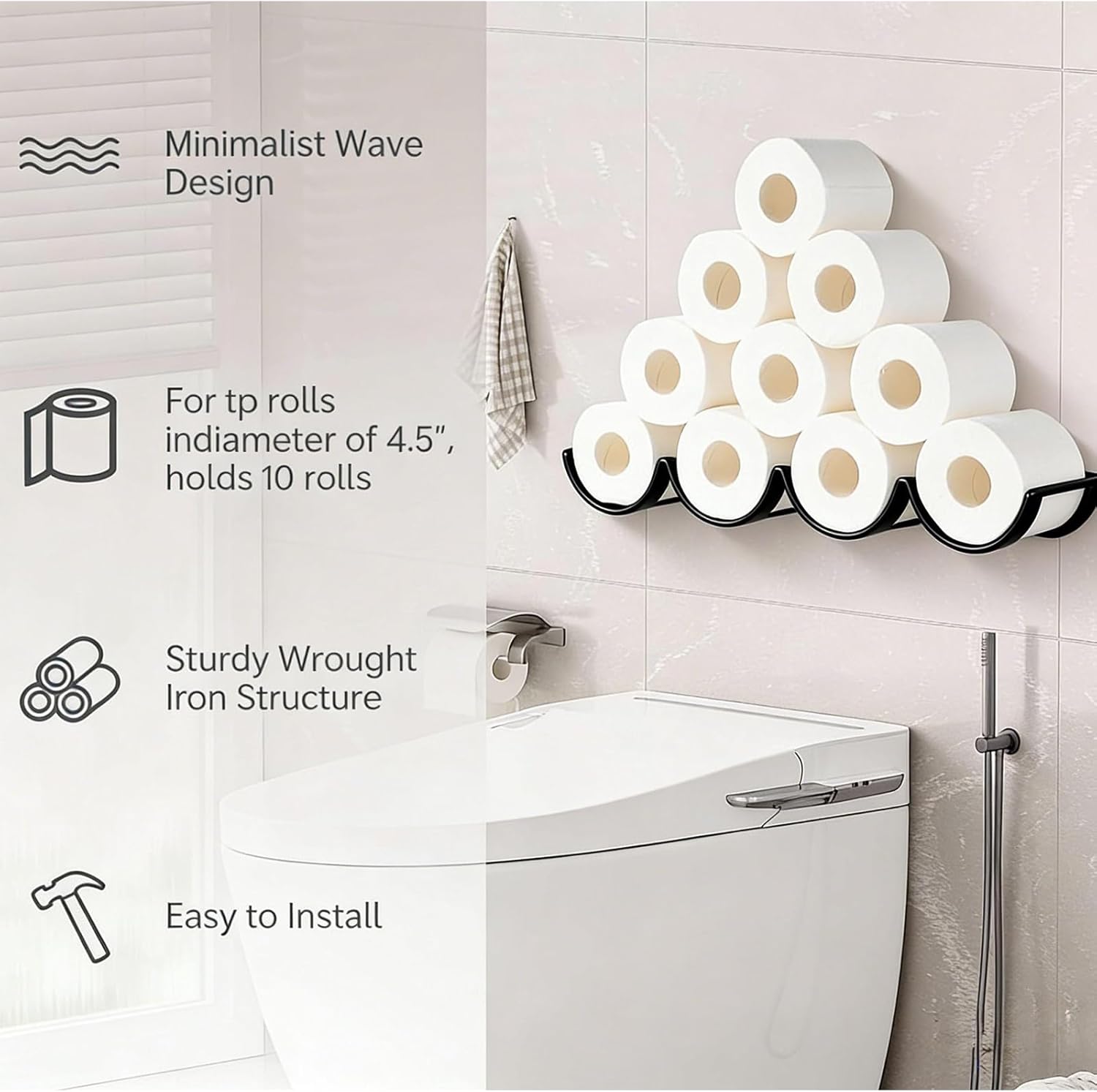Wall Toilet Paper Holder for Extra 10 Rolls, Iron Wall Mount Toilet Roll Holder, Cloud Floating Toilet Paper Storage Rack, Metal Paper Roll Towel Holder Bathroom Decor Tissue Holder Shelf（Black）