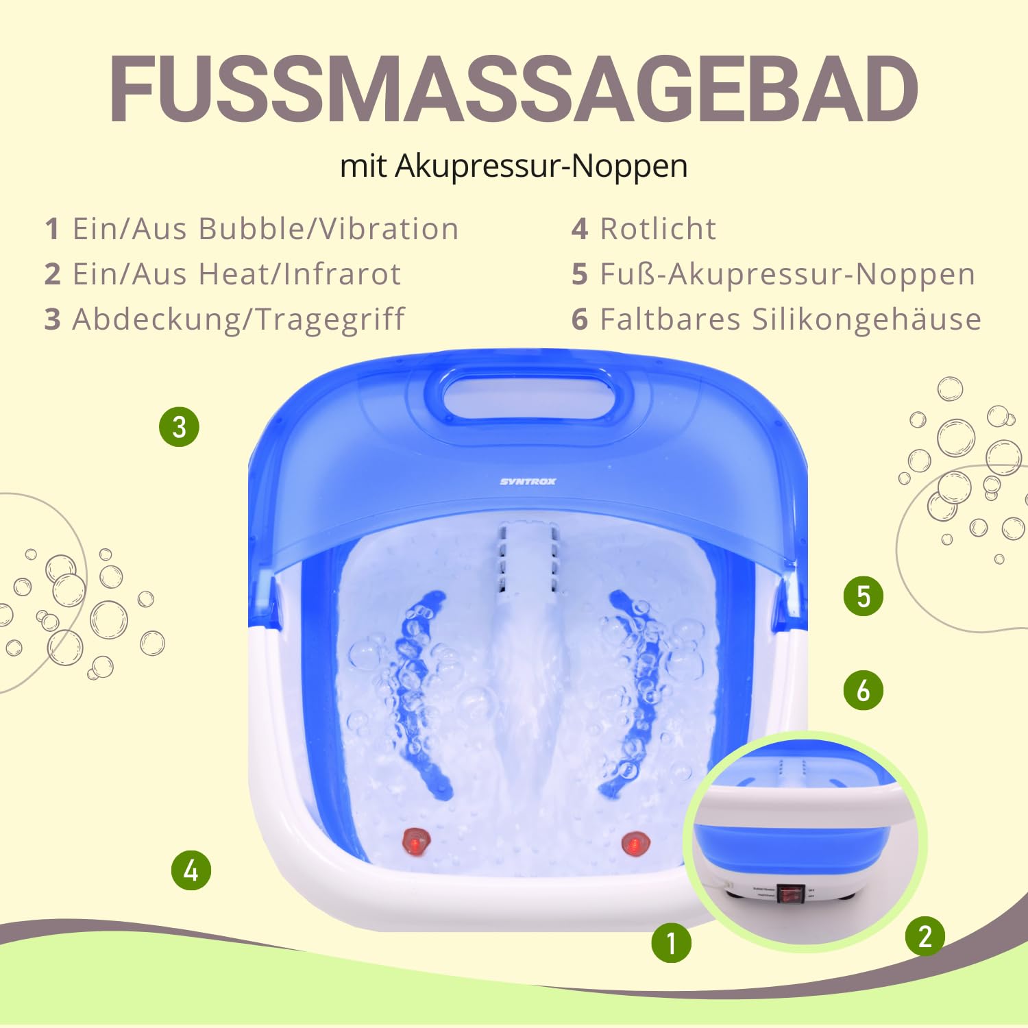 Syntrox Germany Fußbad mit Vibration, Sprudelmassage, Infrarotlicht, Faltbares elektrisches Fußbad, Fußmassagegerät FSB-350W Folder
