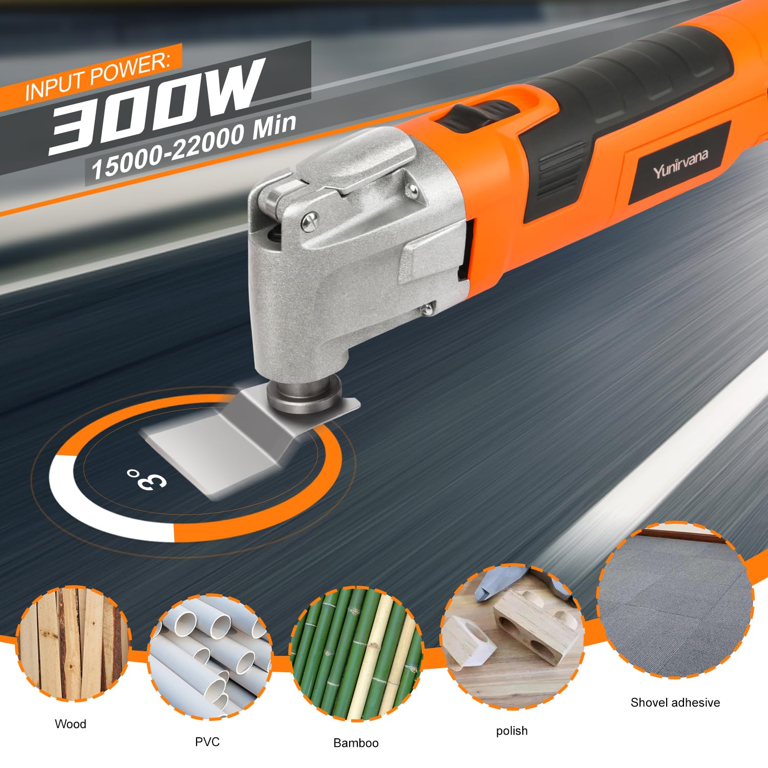 Yunirvana 300W Oszillierendes Multifunktionswerkzeug, 6 variable Geschwindigkeiten, 15.000-22.000 U/min variabler Geschwindigkeit Multi-Tool, 3 ° Oszillierender Winkel, Multiwerkzeug zum Schneiden