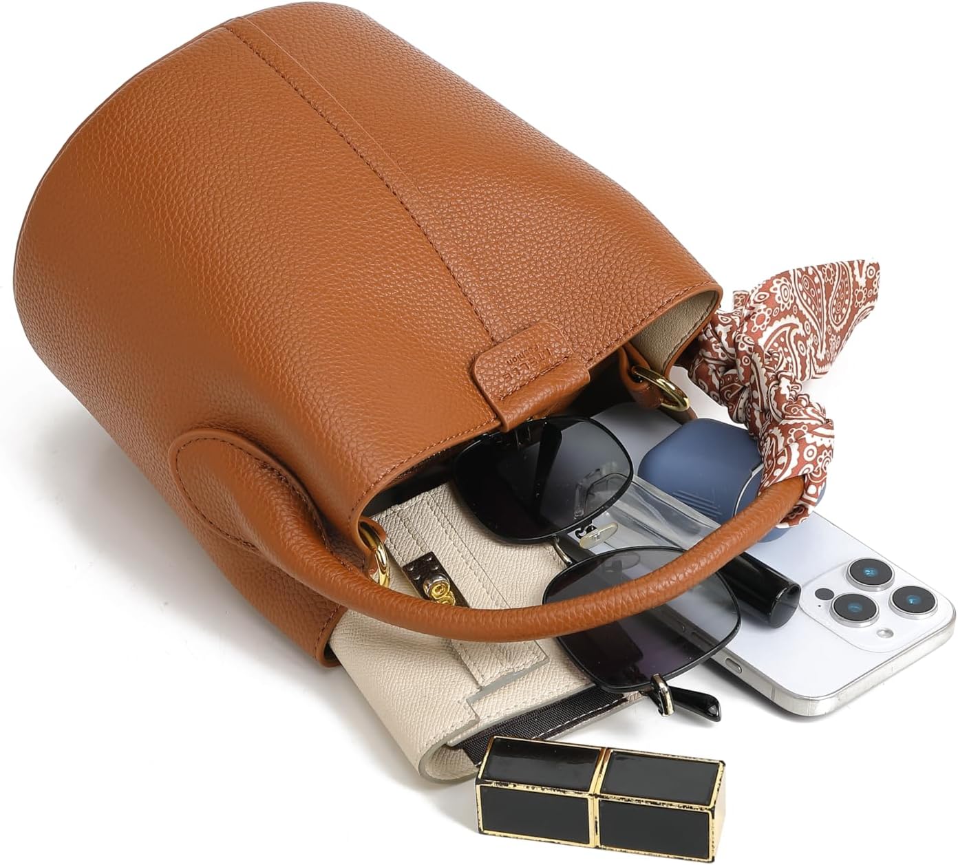 Women's small crossbody bag made of synthetic leather, mini bucket style shoulder bag with scarf, detachable shoulder strap
