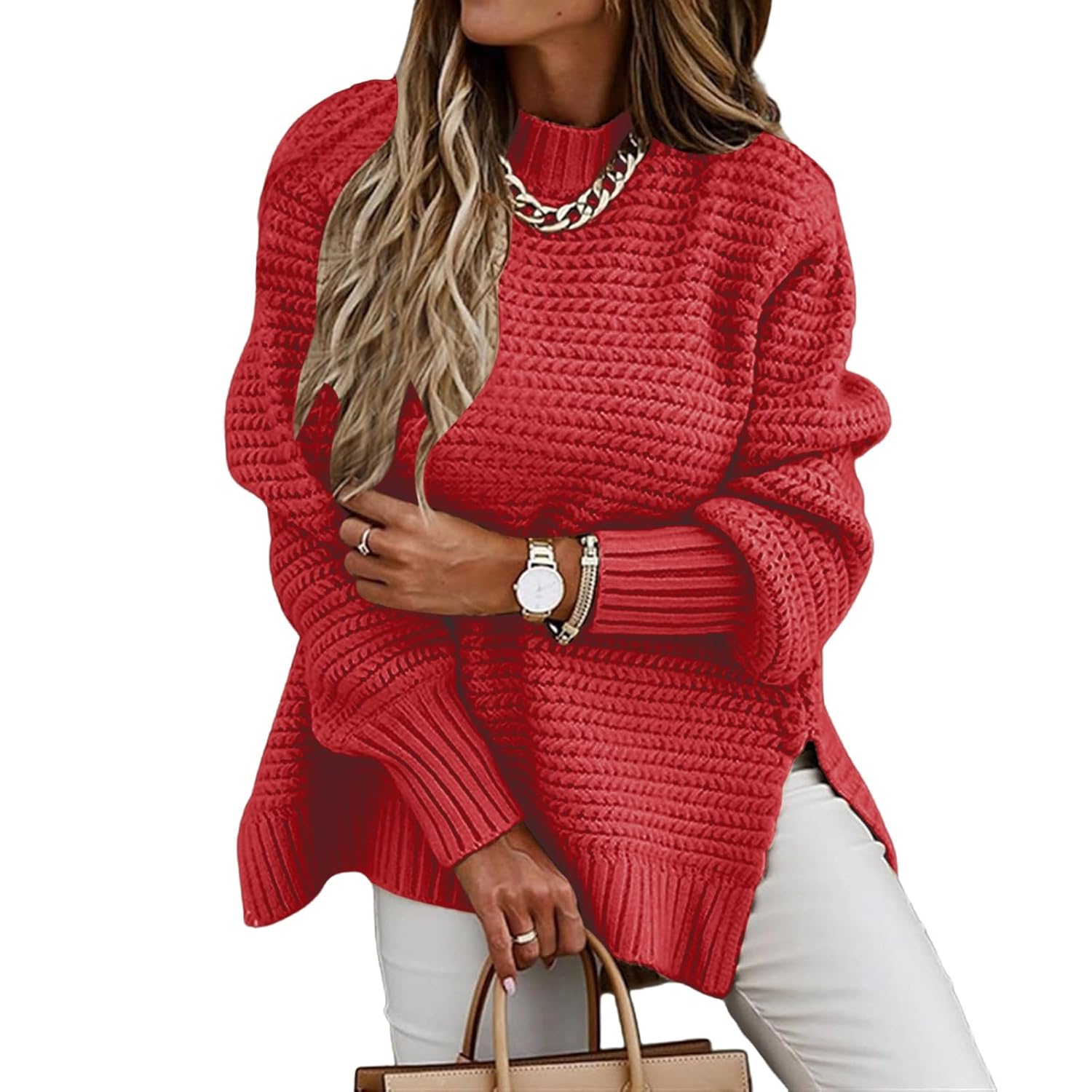 Womens Sweaters Oversized Side Slit Mock Neck Pullover Sweater Long Lantern Fall Winter Warm Tops