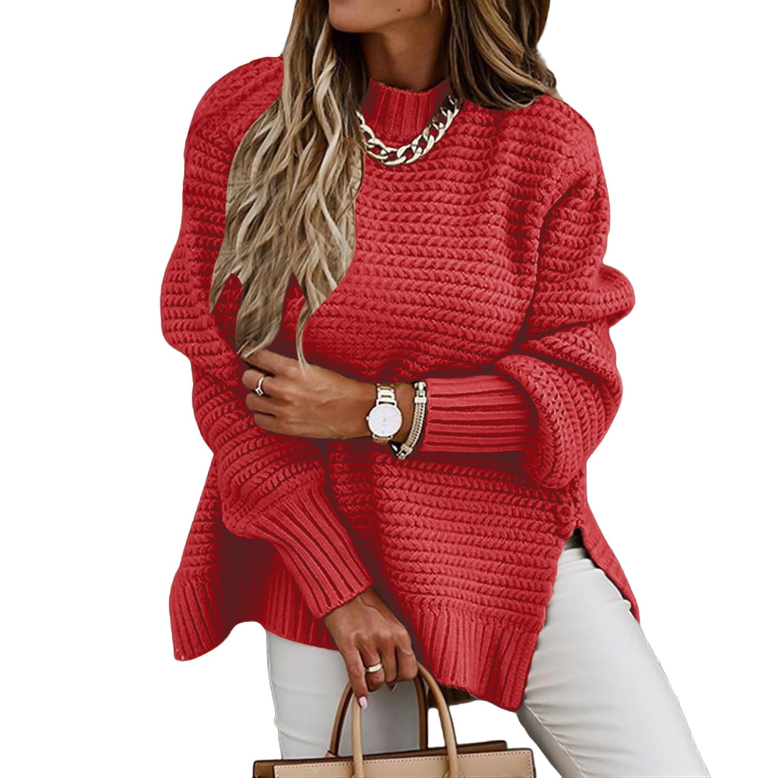 Womens Sweaters Oversized Side Slit Mock Neck Pullover Sweater Long Lantern Fall Winter Warm Tops