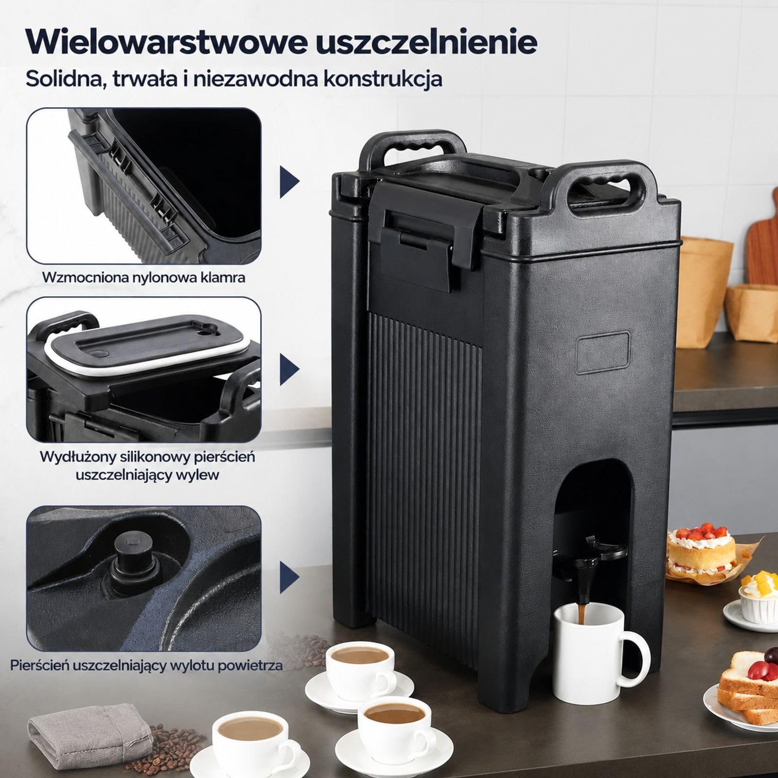 Dozownik napojów 18,9 l z LDPE z kranikiem i uchwytami do kawy, mleka, wody oraz soku