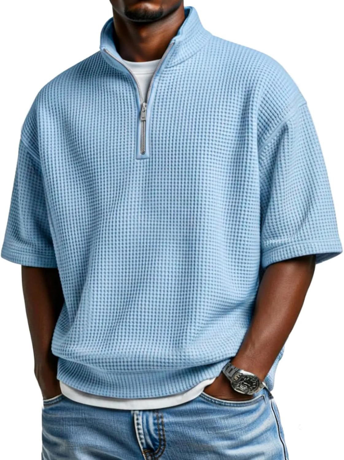 Mens Waffle Knit Quarter Zip Pullover Short Sleeve Casual Lightweight Tops for Daily and Casual Wear